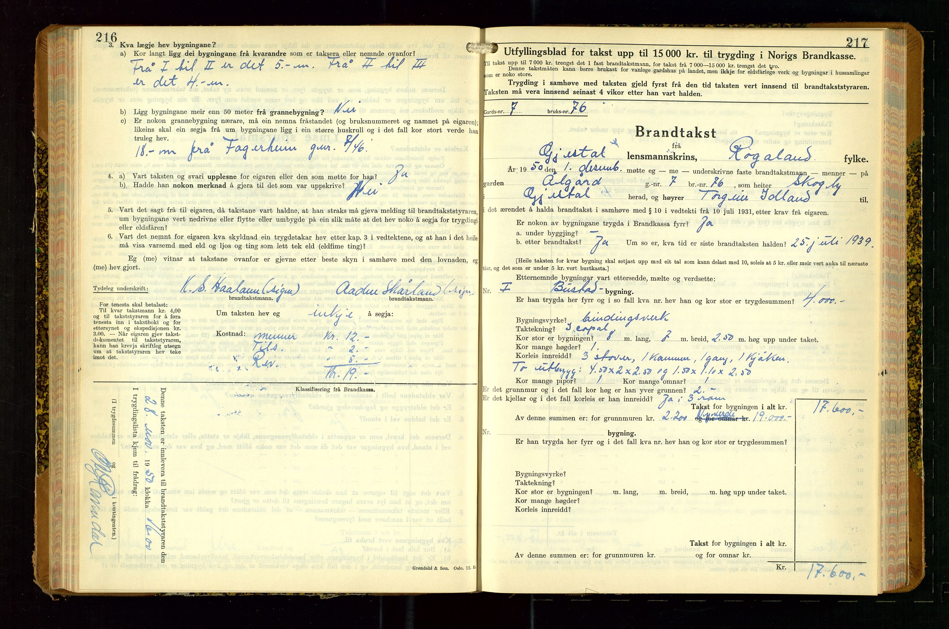 Gjesdal lensmannskontor, AV/SAST-A-100441/Go/L0008: Branntakstskjemaprotokoll, 1937-1955, p. 216-217