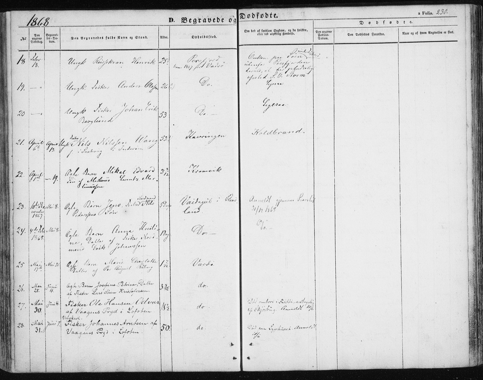 Vardø sokneprestkontor, SATØ/S-1332/H/Ha/L0004kirke: Parish register (official) no. 4, 1862-1871, p. 230