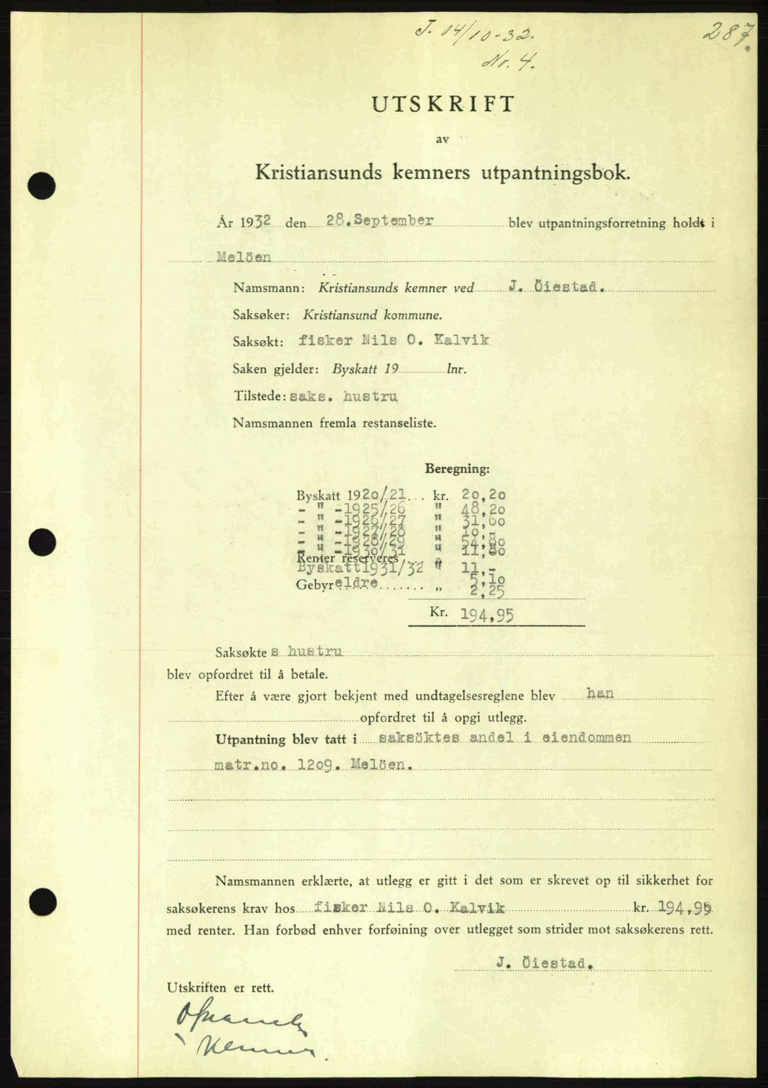 Kristiansund byfogd, AV/SAT-A-4587/A/27: Mortgage book no. 26, 1931-1933, Deed date: 14.10.1932