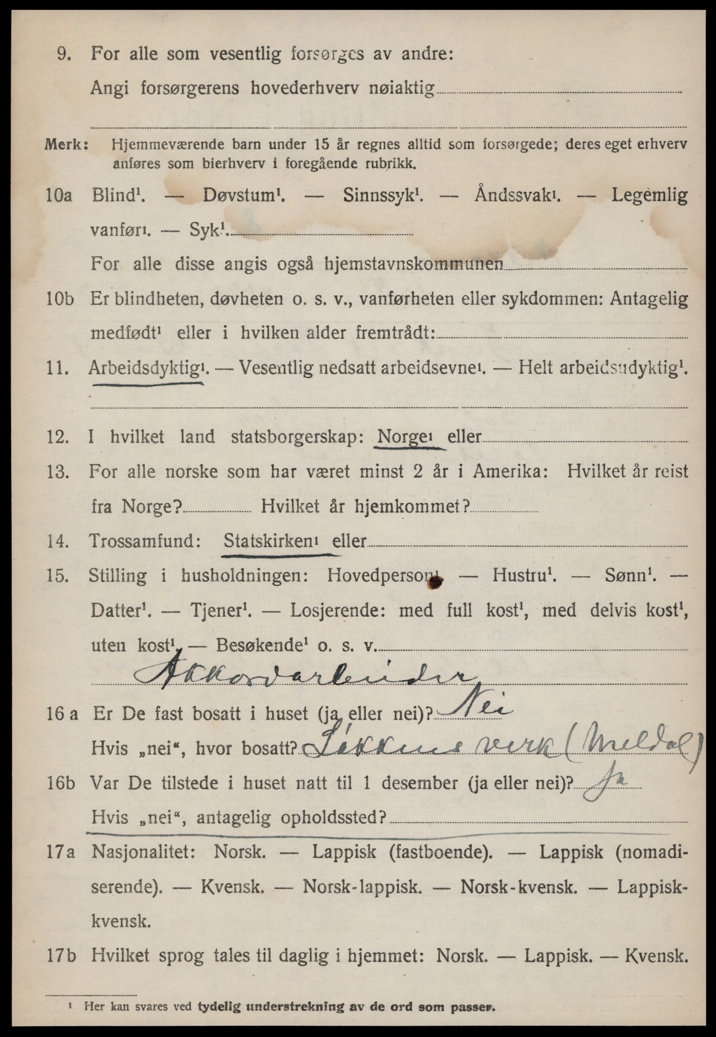 SAT, 1920 census for Orkland, 1920, p. 3815