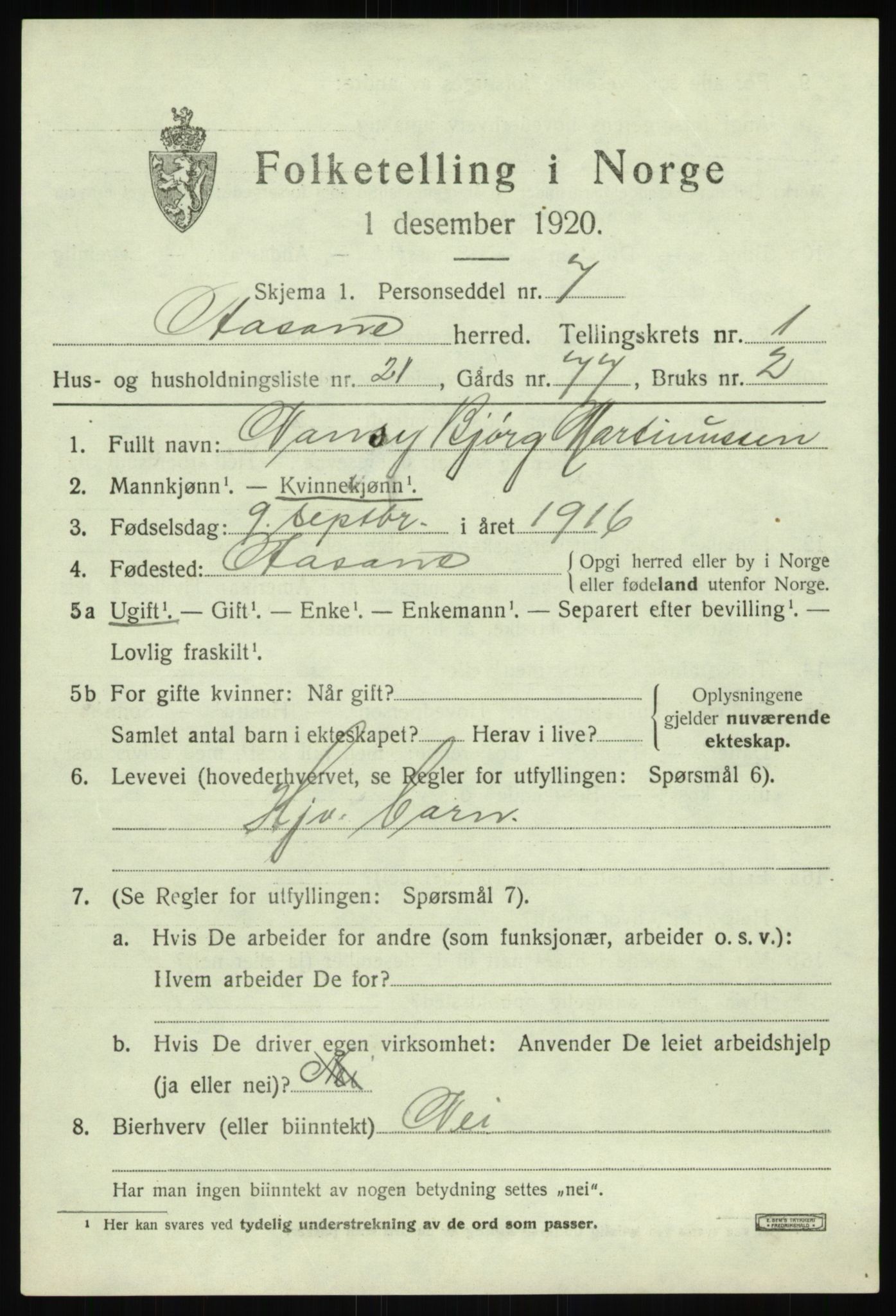 SAB, 1920 census for Åsane, 1920, p. 1125