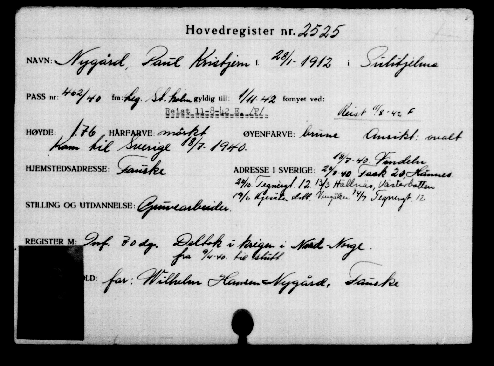 Utenriksstasjonene, Legasjonen i Stockholm, Flyktningkontoret, AV/RA-S-6753/V/Va/L0003: Kjesäterkartoteket, flyktninger med registreringsnr. 2001-3495, 1940-1945, p. 869