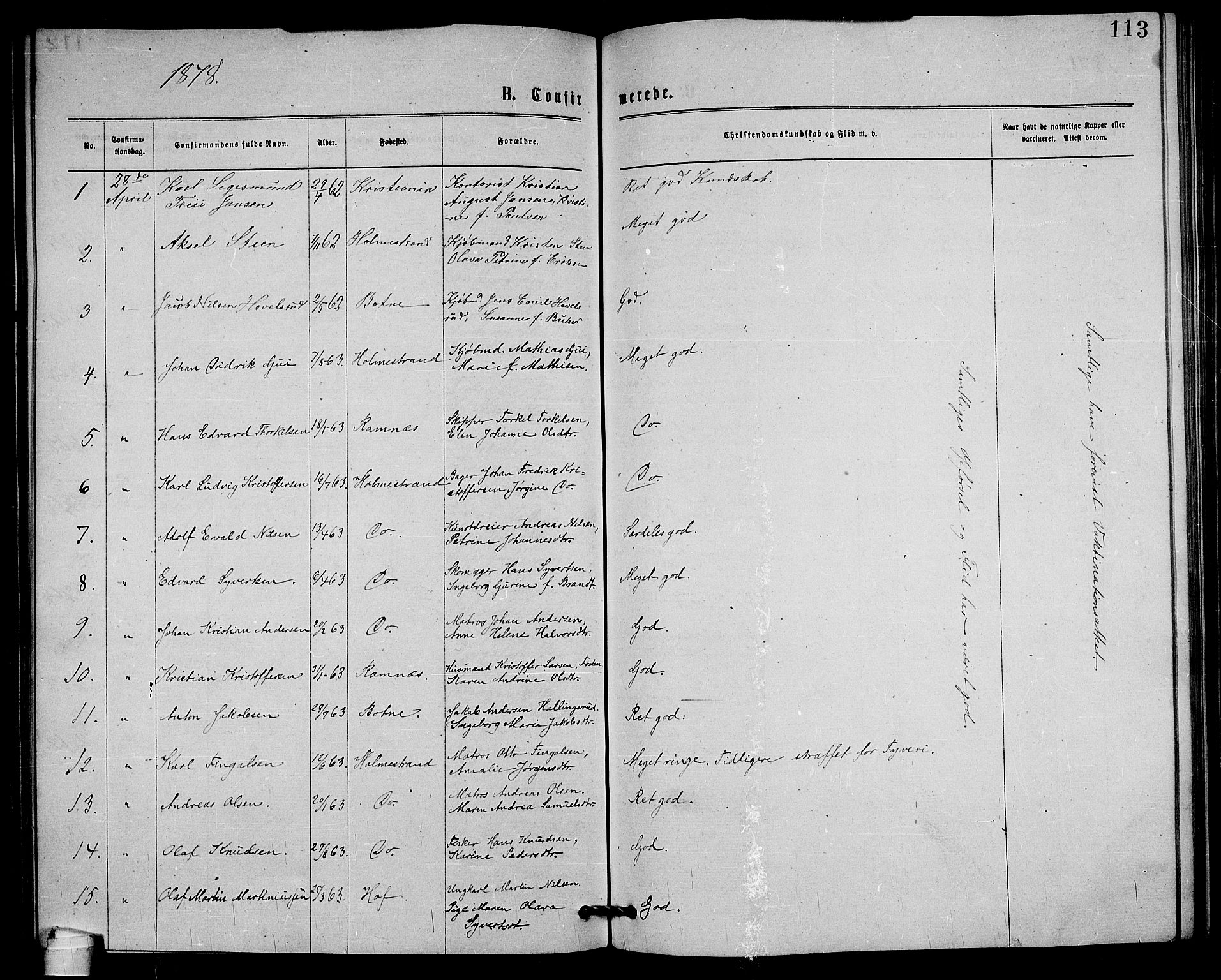Holmestrand kirkebøker, AV/SAKO-A-346/G/Ga/L0004: Parish register (copy) no. 4, 1874-1888, p. 113
