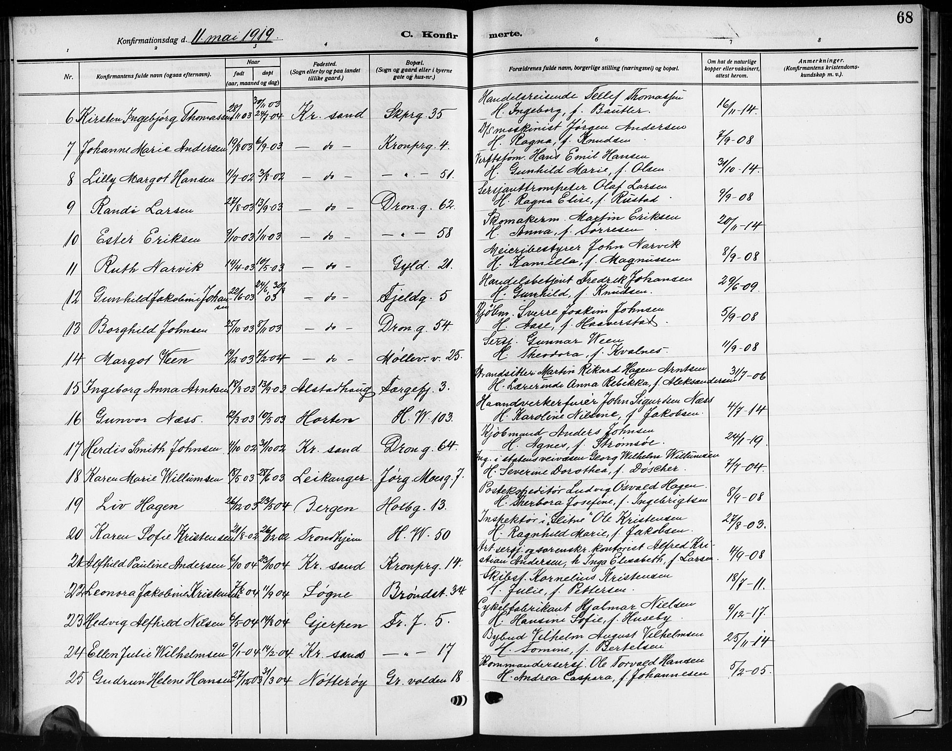 Kristiansand domprosti, AV/SAK-1112-0006/F/Fb/L0022: Parish register (copy) no. B 22, 1915-1925, p. 68