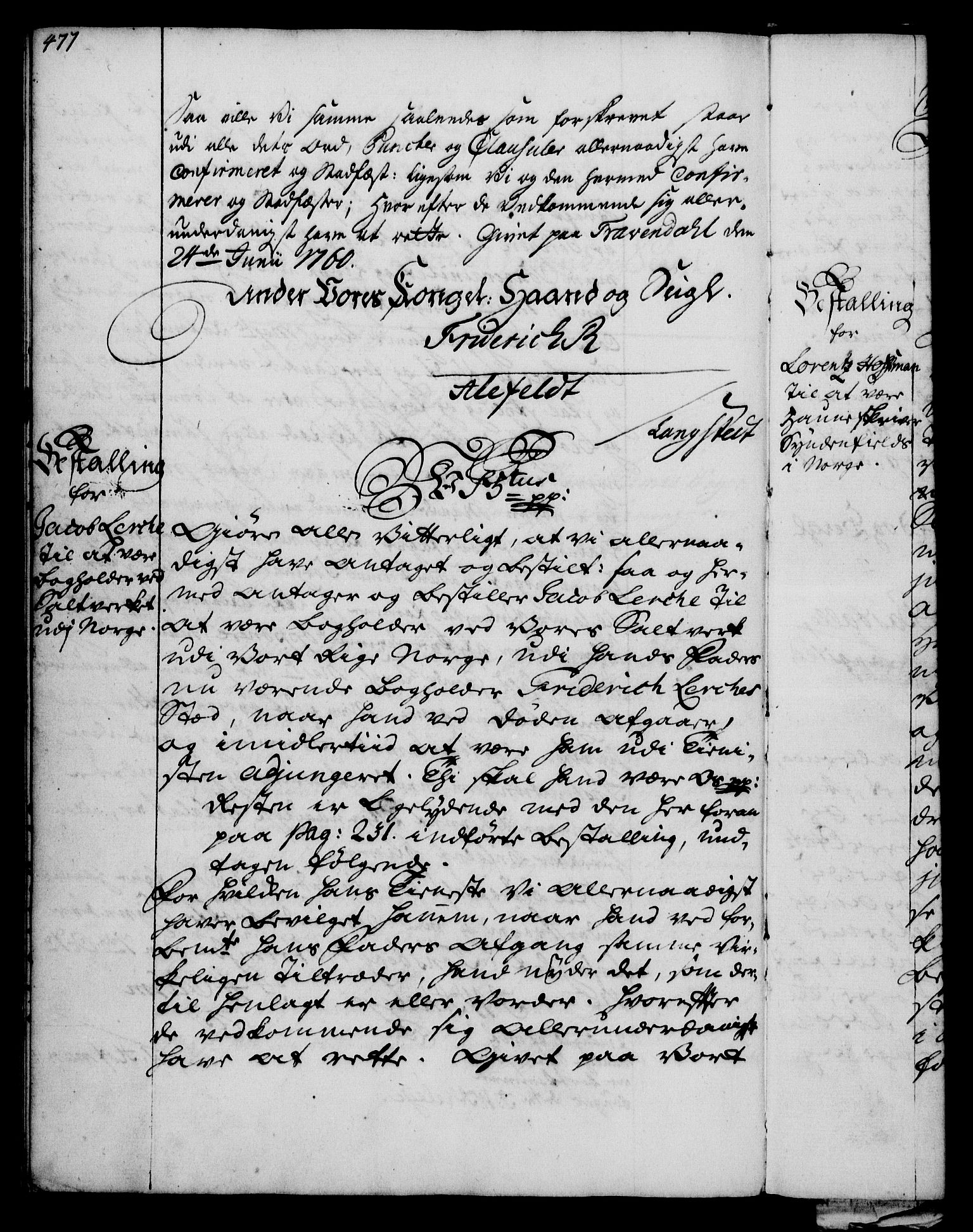Rentekammeret, Kammerkanselliet, RA/EA-3111/G/Gg/Gge/L0003: Norsk bestallingsprotokoll med register (merket RK 53.27), 1745-1761, p. 477