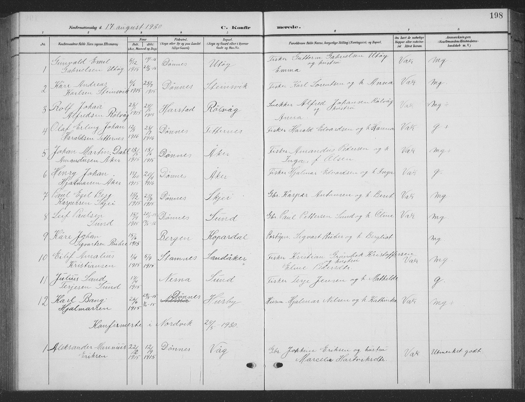 Ministerialprotokoller, klokkerbøker og fødselsregistre - Nordland, AV/SAT-A-1459/835/L0533: Parish register (copy) no. 835C05, 1906-1939, p. 198