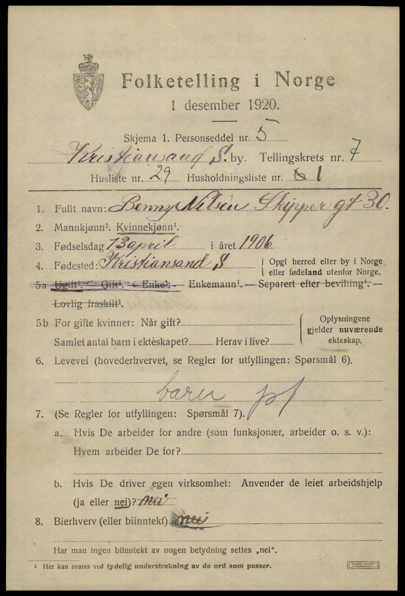 SAK, 1920 census for Kristiansand, 1920, p. 20549