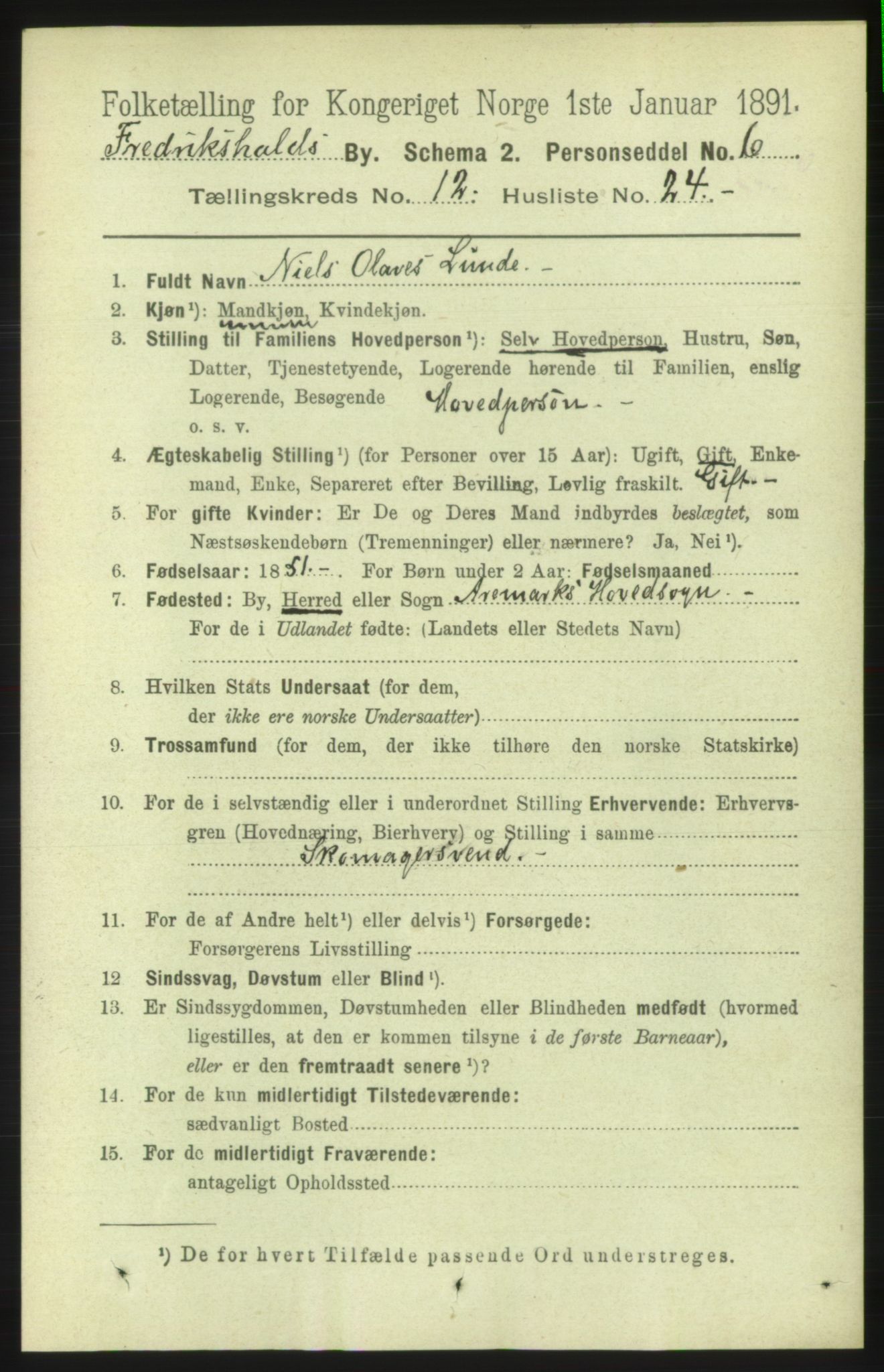 RA, 1891 census for 0101 Fredrikshald, 1891, p. 8595