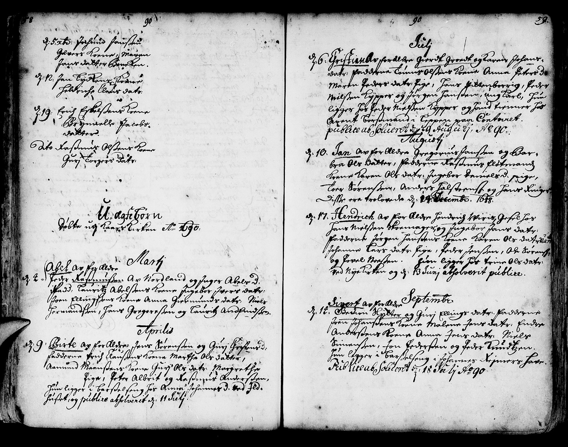 Korskirken sokneprestembete, SAB/A-76101/H/Haa/L0002: Parish register (official) no. A 2, 1688-1697, p. 58-59