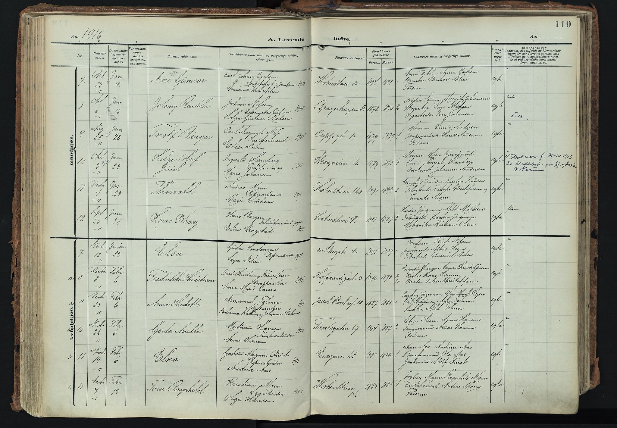 Bragernes kirkebøker, SAKO/A-6/F/Fb/L0010: Parish register (official) no. II 10, 1911-1922, p. 119