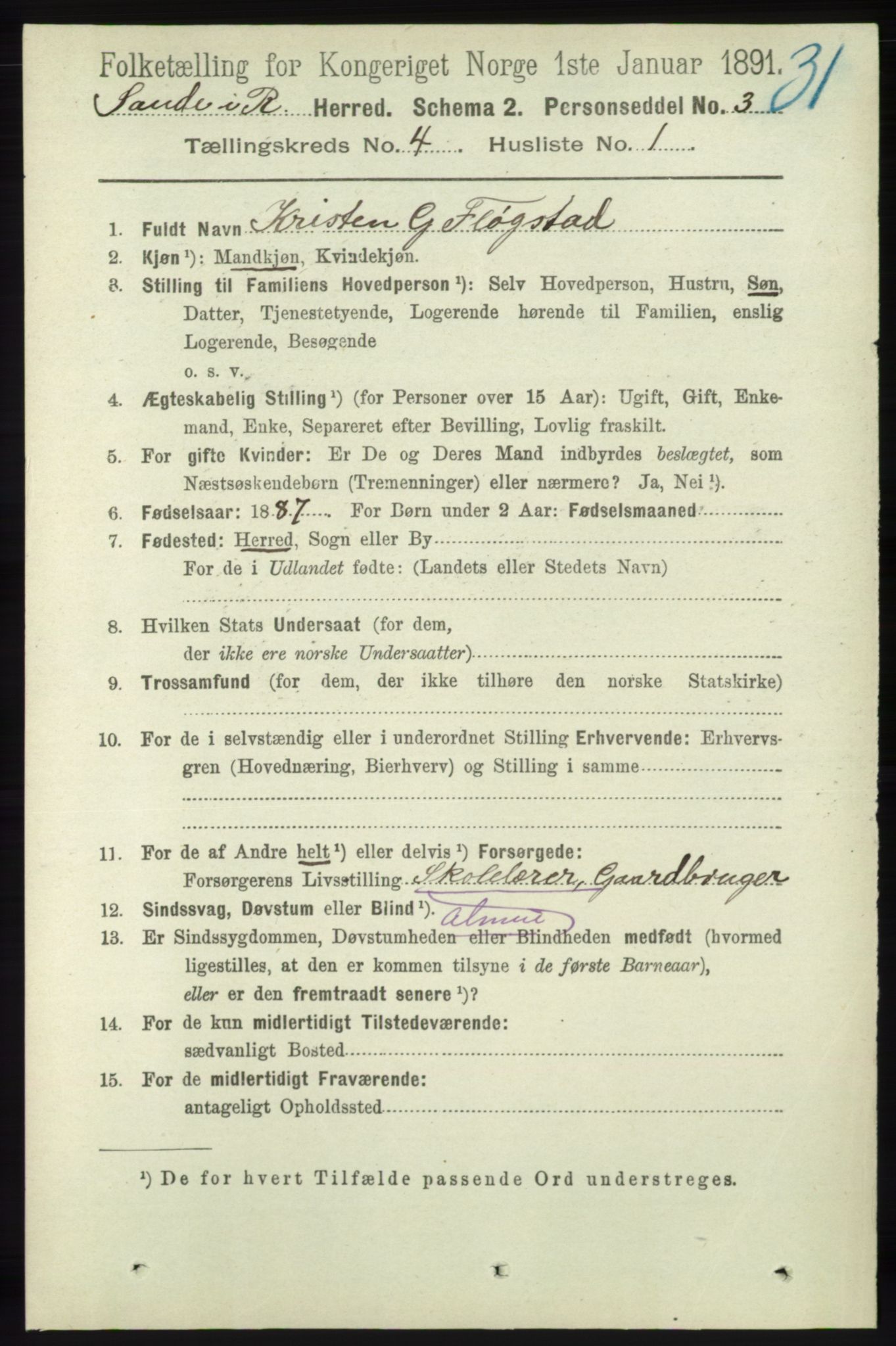 RA, 1891 census for 1135 Sauda, 1891, p. 1822