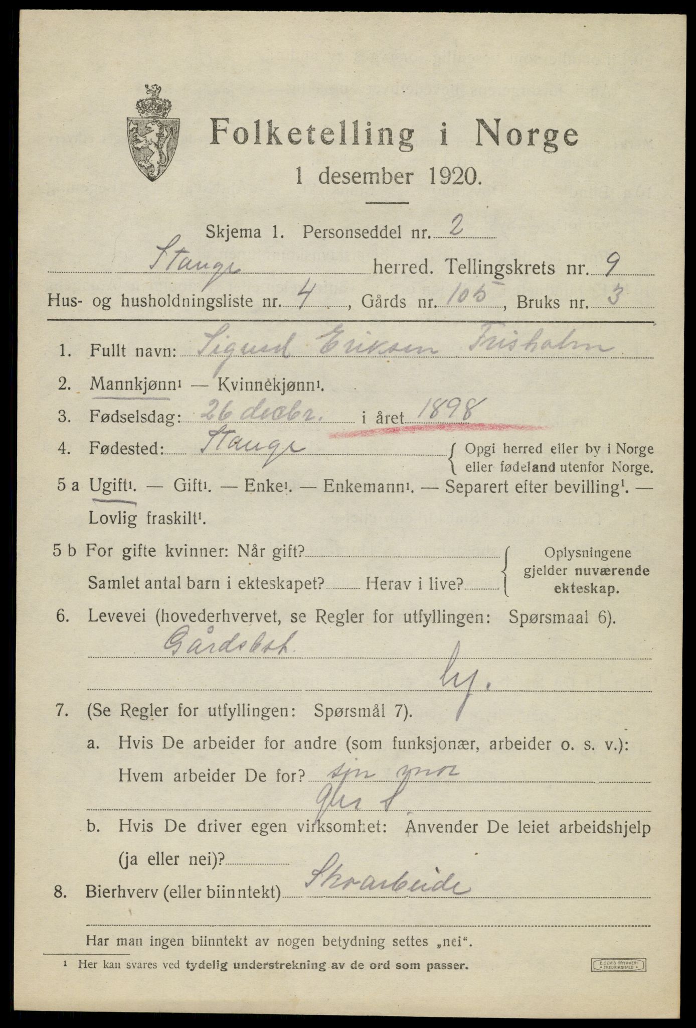 SAH, 1920 census for Stange, 1920, p. 14617