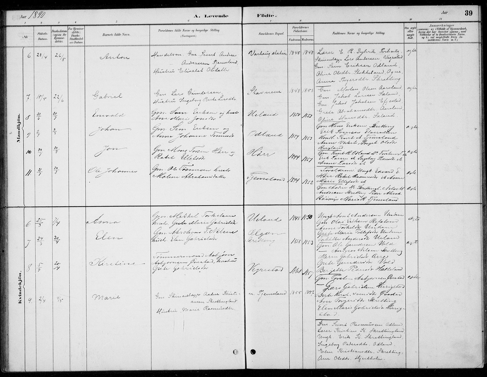 Hå sokneprestkontor, AV/SAST-A-101801/001/30BB/L0004: Parish register (copy) no. B 4, 1883-1899, p. 39