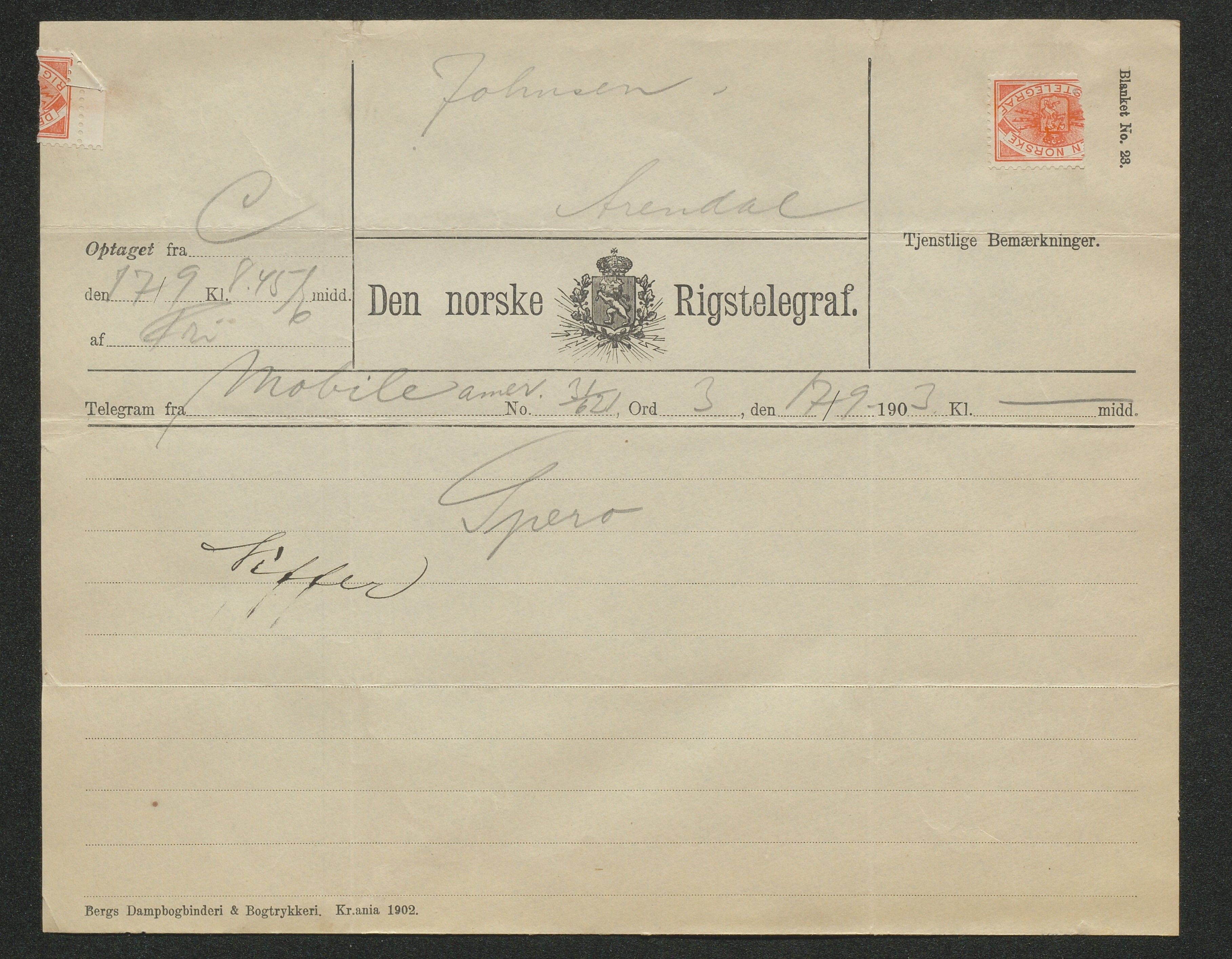 Arendals Dampskibsselskab (ADS), AAKS/PA-1716/1/15/L0018: Skipspapirer D/S Spero, 1898-1904