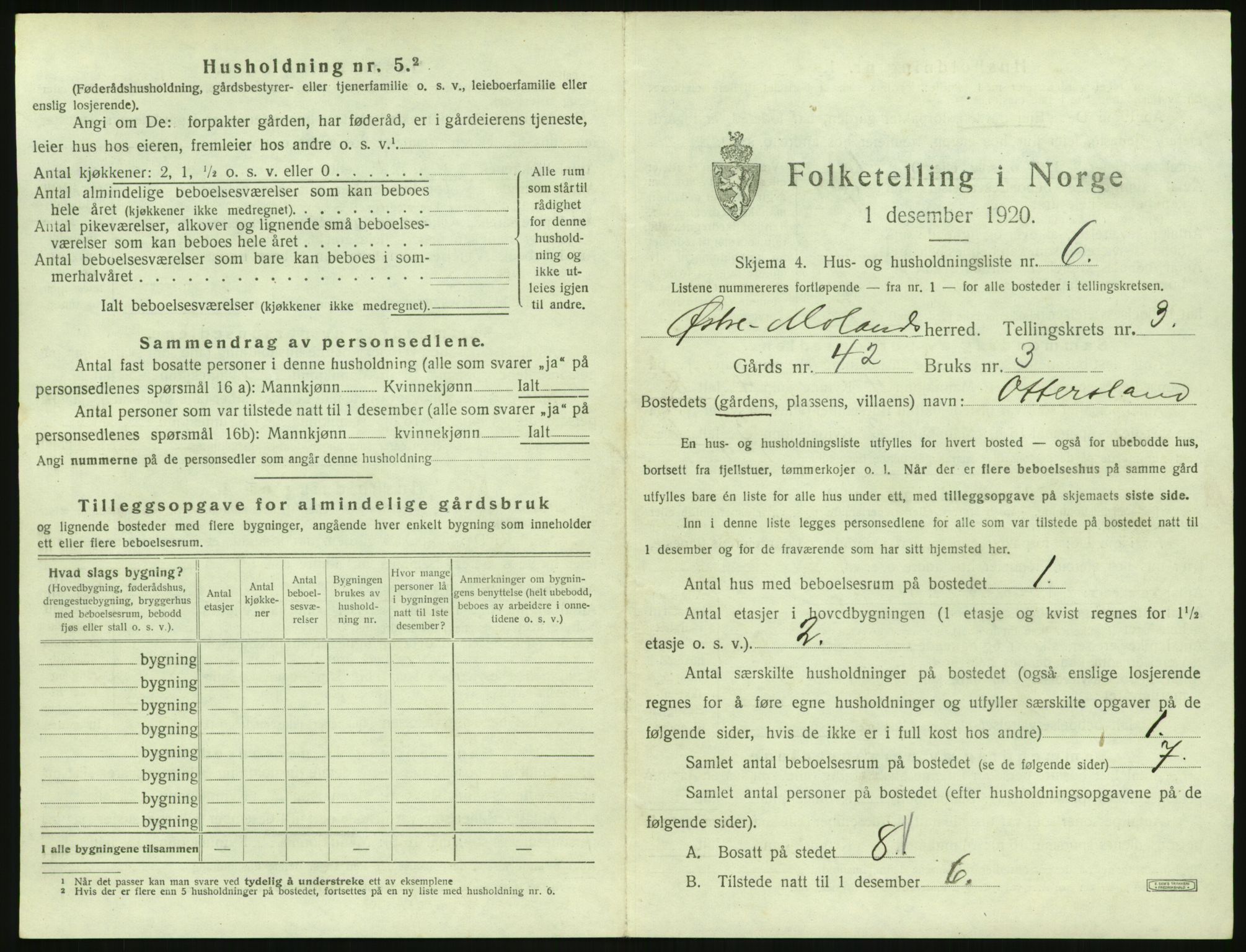 SAK, 1920 census for Austre Moland, 1920, p. 231