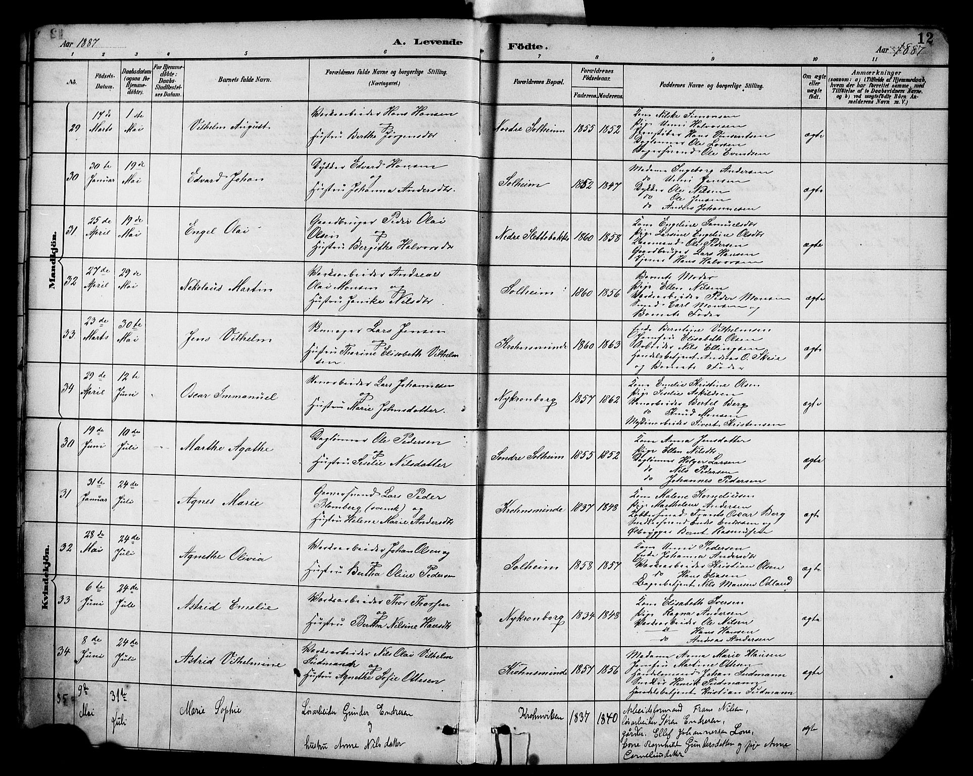 Årstad Sokneprestembete, AV/SAB-A-79301/H/Haa/L0001: Parish register (official) no. A 1, 1886-1901, p. 12