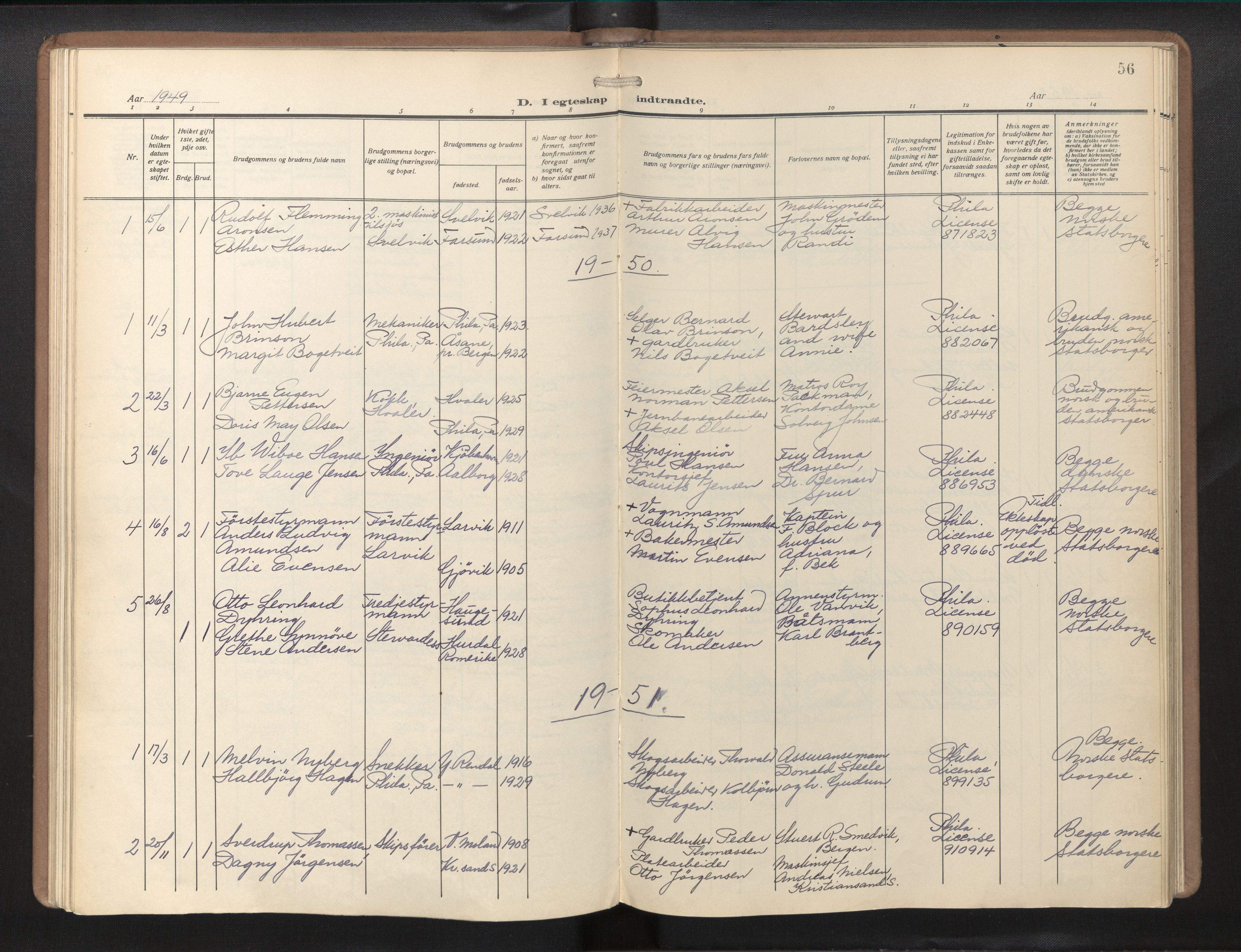 Den norske sjømannsmisjon i utlandet/Philadelphia, SAB/SAB/PA-0113/H/Ha/L0002: Parish register (official) no. A 2, 1931-1957, p. 55b-56a