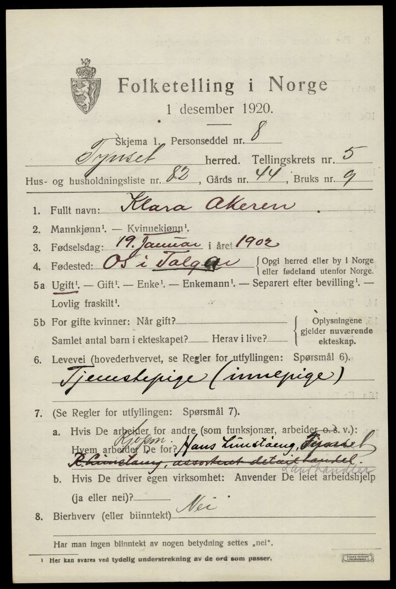 SAH, 1920 census for Tynset, 1920, p. 5494