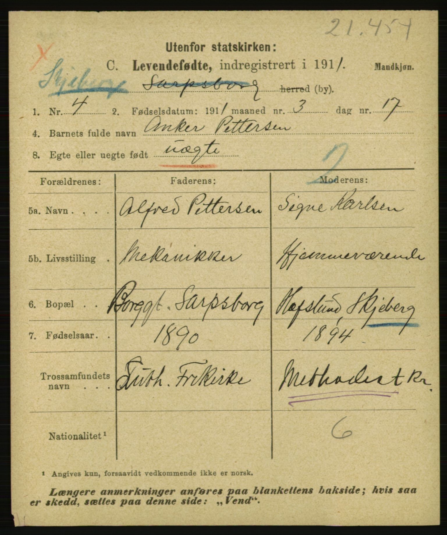 Statistisk sentralbyrå, Sosiodemografiske emner, Befolkning, AV/RA-S-2228/E/L0009: Fødte, gifte, døde dissentere., 1911, p. 5