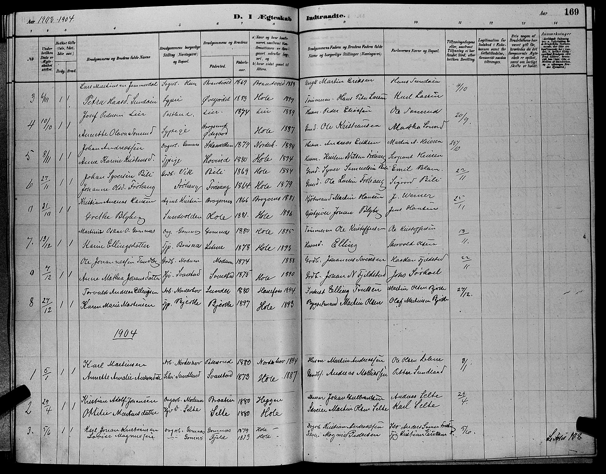Hole kirkebøker, SAKO/A-228/G/Ga/L0003: Parish register (copy) no. I 3, 1879-1904, p. 169