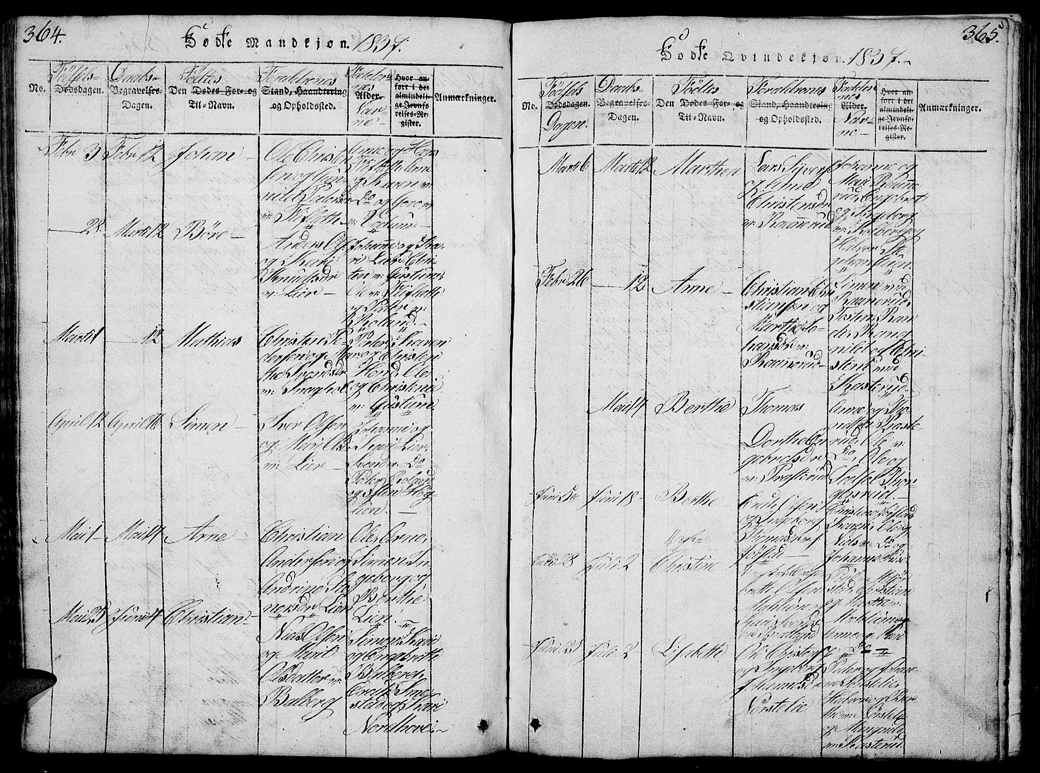 Fåberg prestekontor, SAH/PREST-086/H/Ha/Hab/L0004: Parish register (copy) no. 4, 1818-1837, p. 364-365