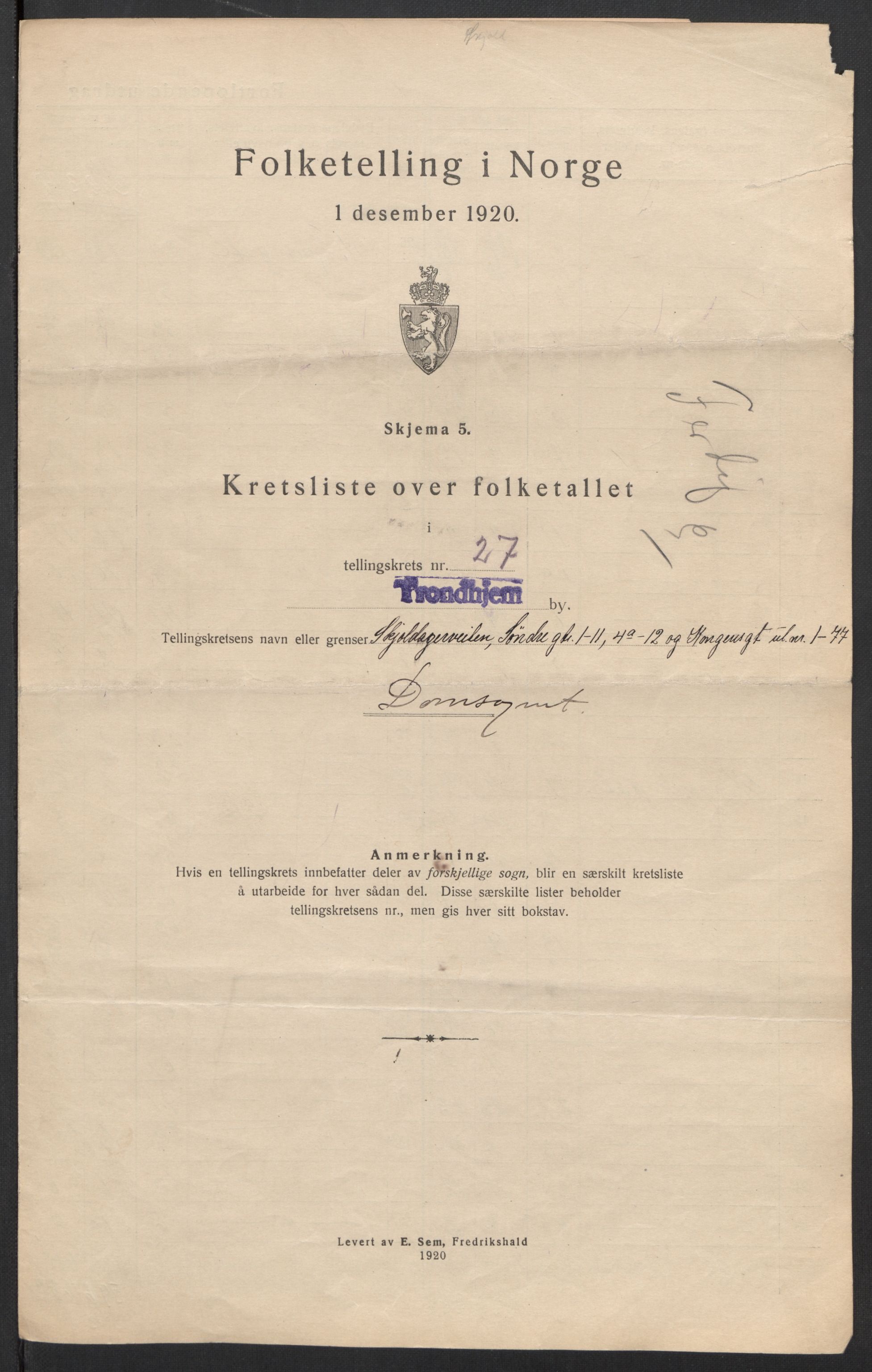 SAT, 1920 census for Trondheim, 1920, p. 95