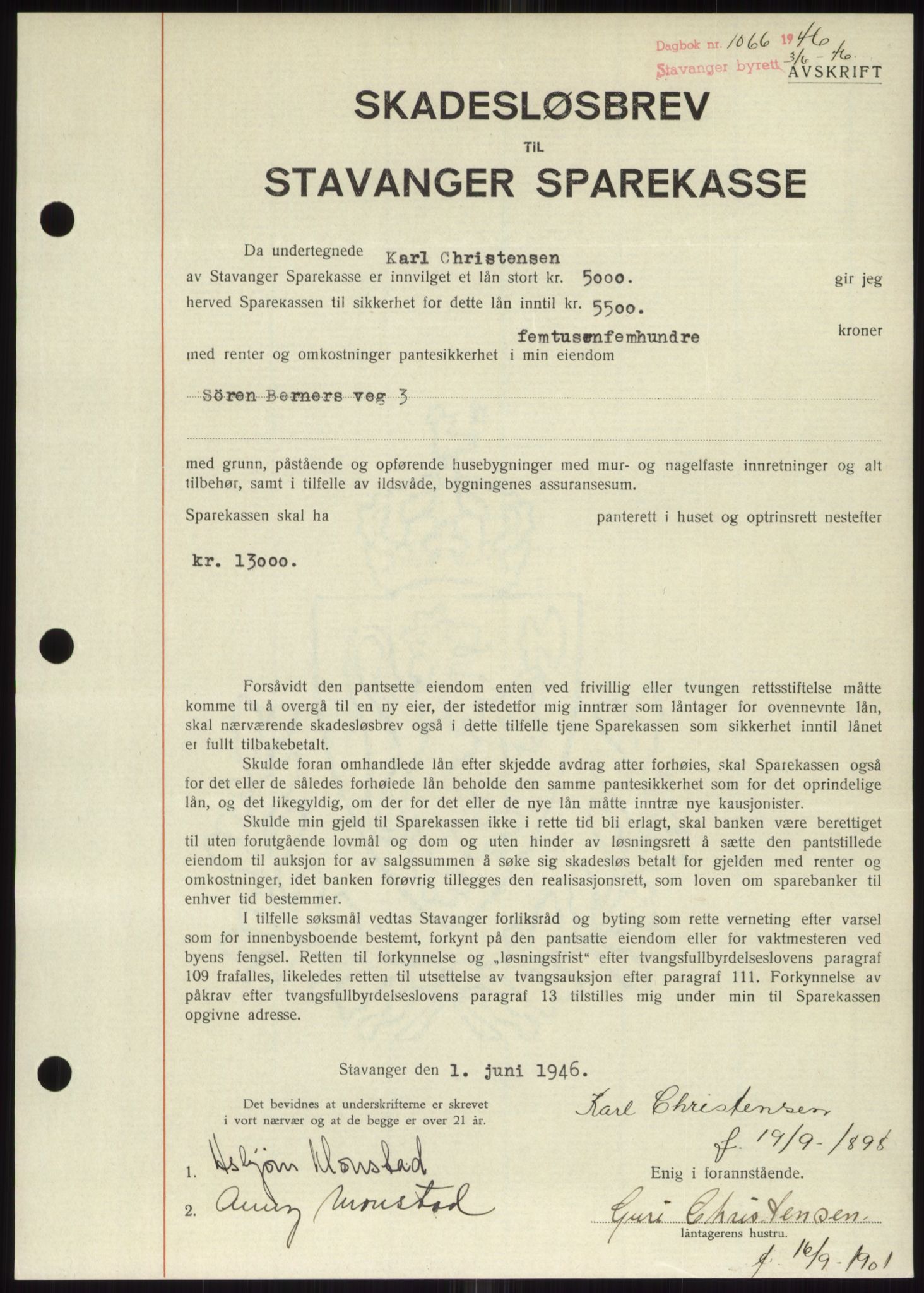 Stavanger byrett, SAST/A-100455/002/G/Gb/L0031: Mortgage book, 1943-1947, Diary no: : 1066/1946
