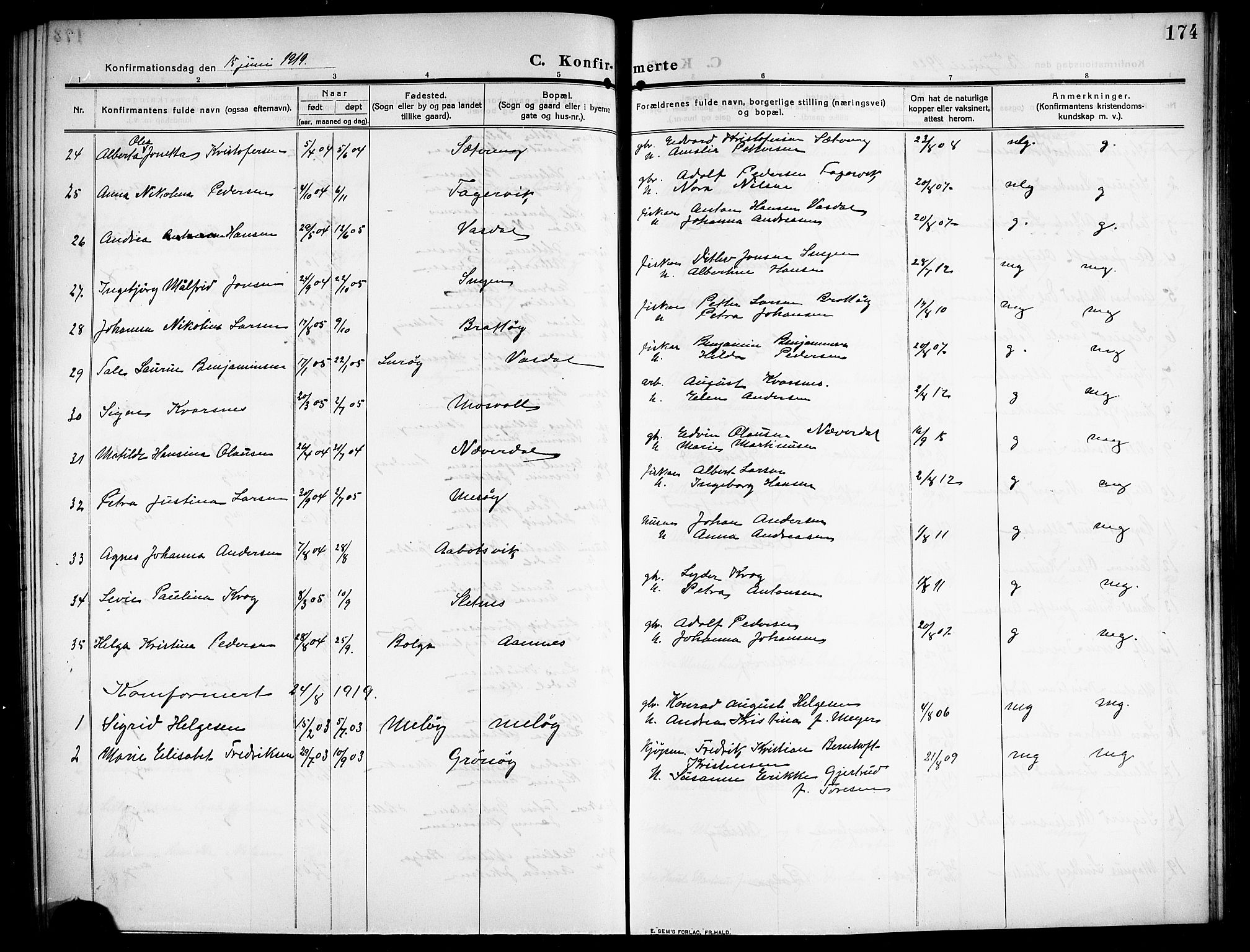 Ministerialprotokoller, klokkerbøker og fødselsregistre - Nordland, AV/SAT-A-1459/843/L0639: Parish register (copy) no. 843C08, 1908-1924, p. 174