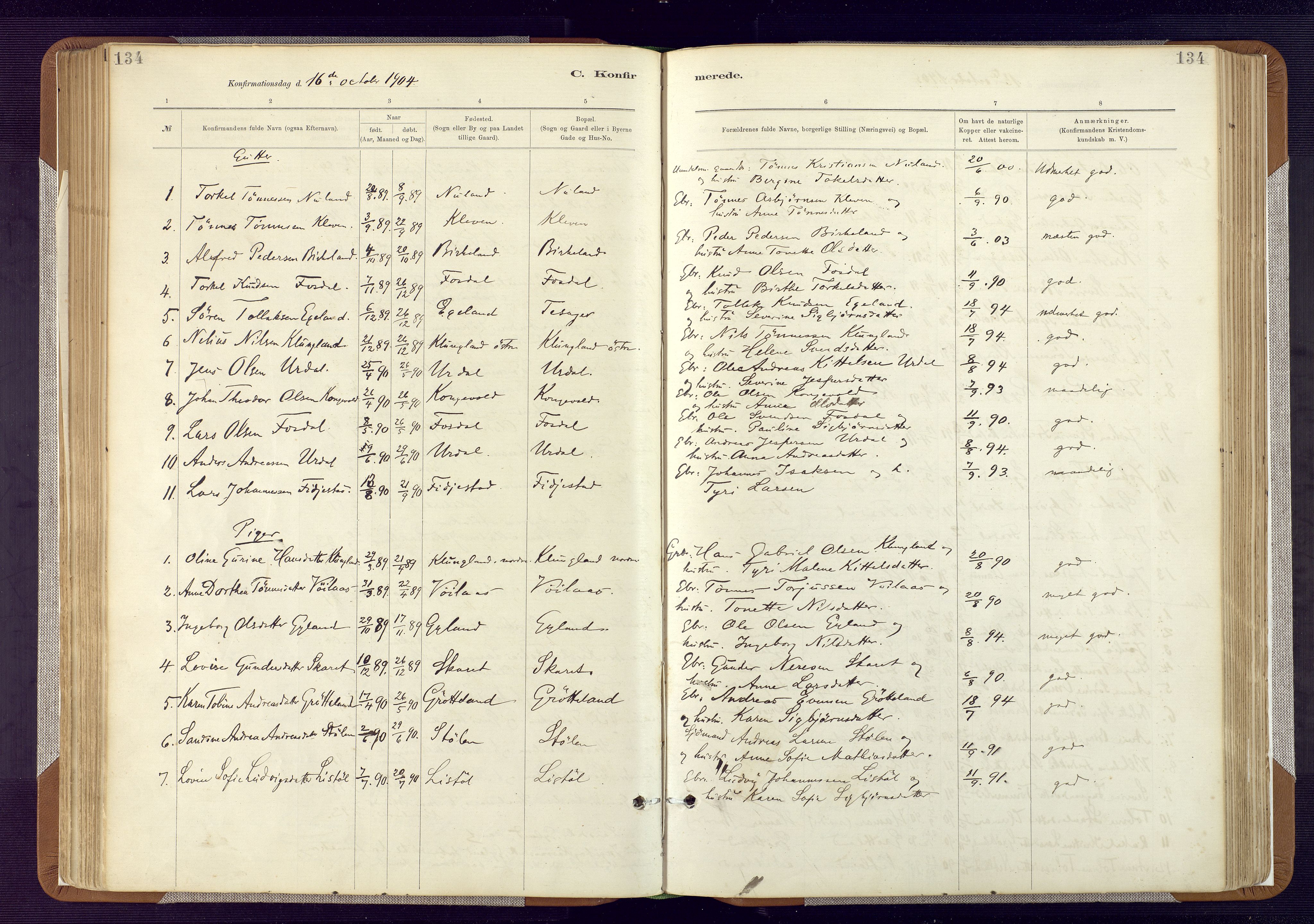 Bakke sokneprestkontor, SAK/1111-0002/F/Fa/Fab/L0003: Parish register (official) no. A 3, 1884-1921, p. 134