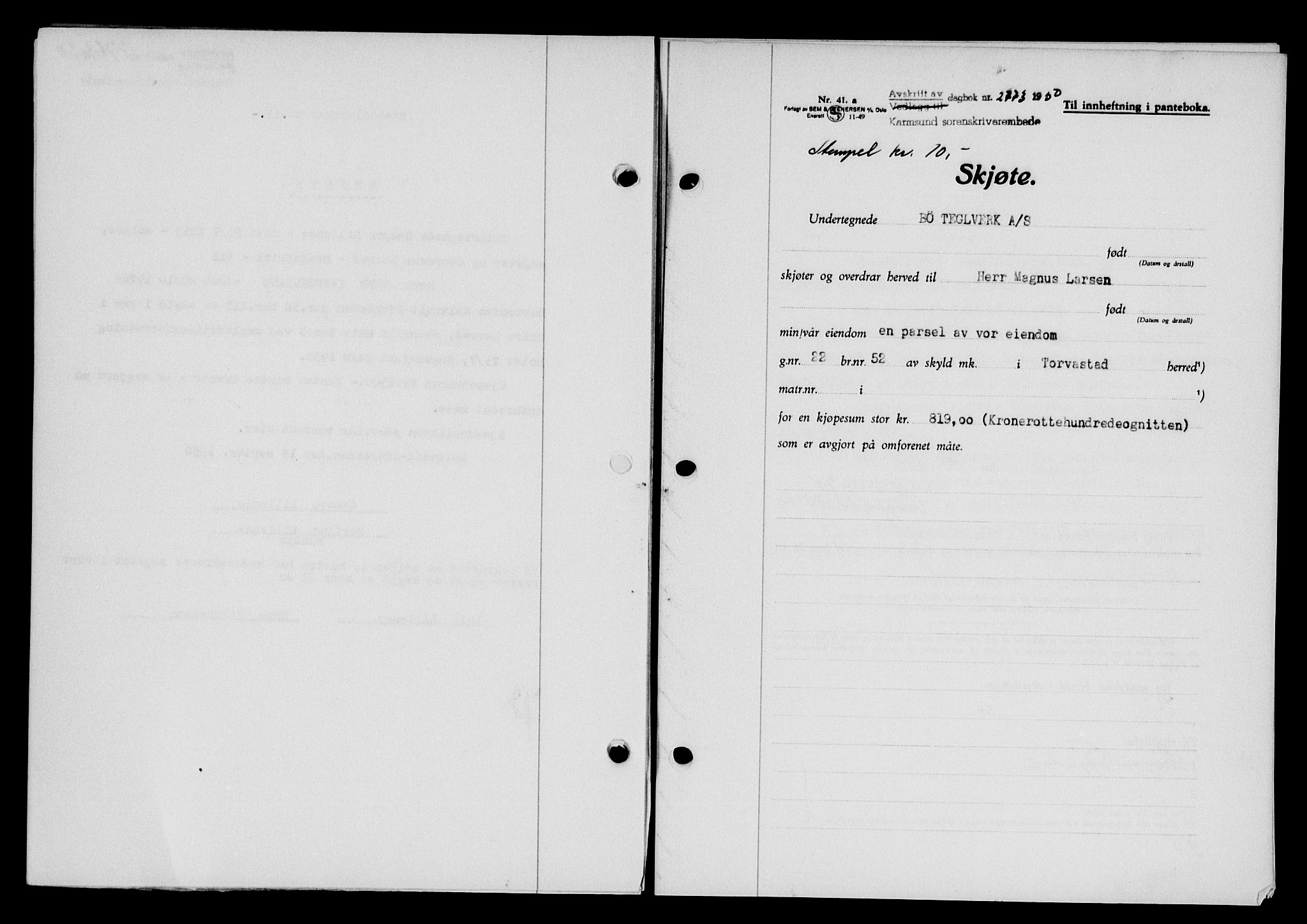 Karmsund sorenskriveri, SAST/A-100311/01/II/IIB/L0101: Mortgage book no. 81A, 1950-1951, Diary no: : 2773/1950