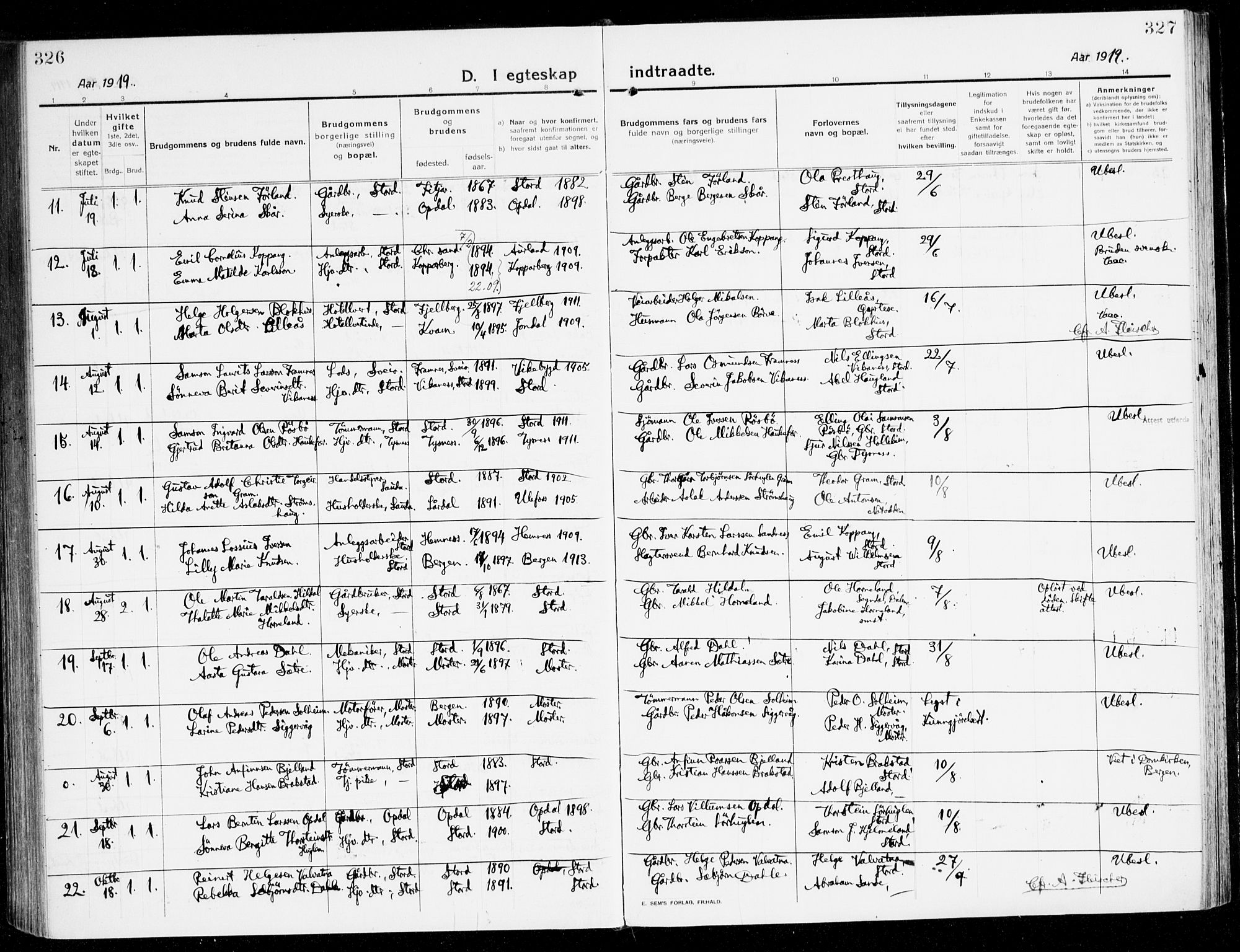 Stord sokneprestembete, AV/SAB-A-78201/H/Haa: Parish register (official) no. B 3, 1913-1925, p. 326-327