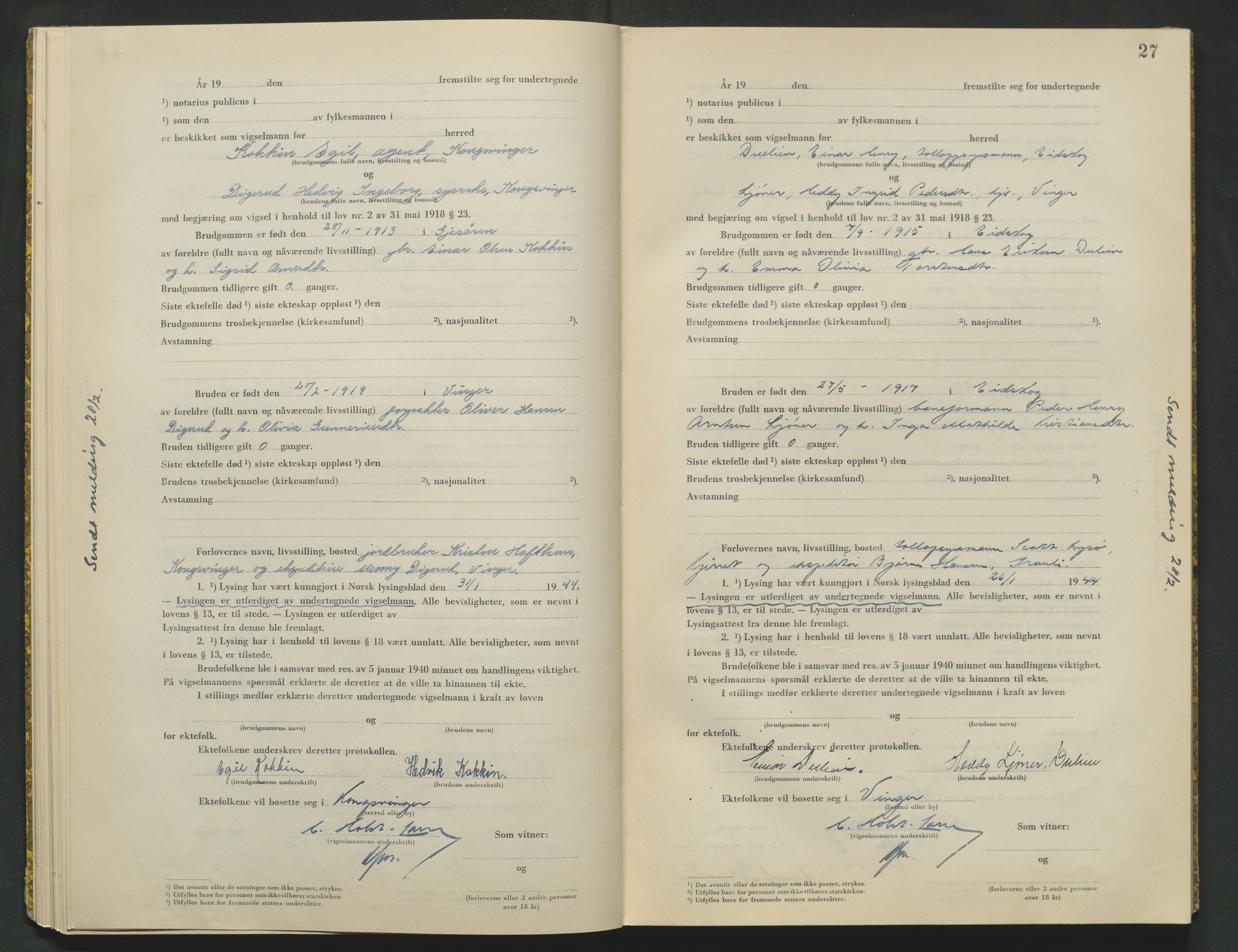 Vinger og Odal sorenskriveri, AV/SAH-TING-022/L/Lb/L0003: Vigselsprotokoll, 1943-1944, p. 27