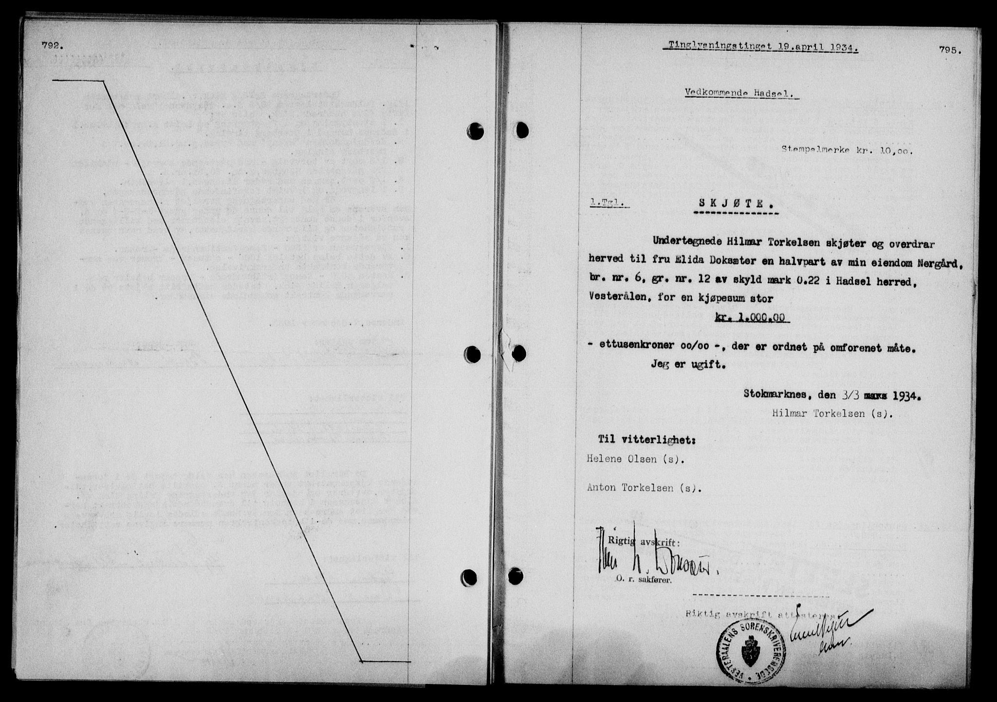 Vesterålen sorenskriveri, SAT/A-4180/1/2/2Ca/L0059: Mortgage book no. 52, 1933-1934, Deed date: 19.04.1934