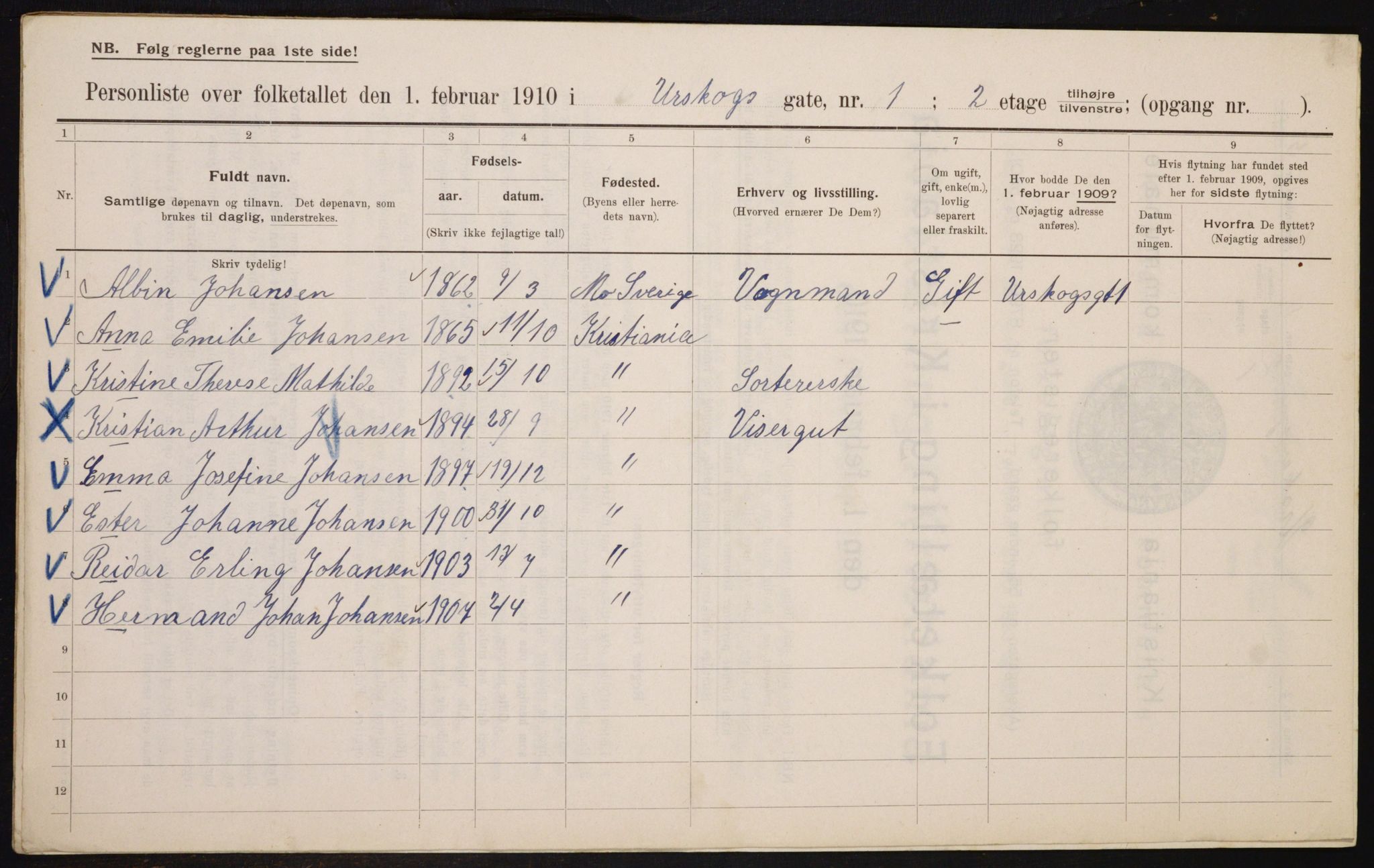 OBA, Municipal Census 1910 for Kristiania, 1910, p. 2443