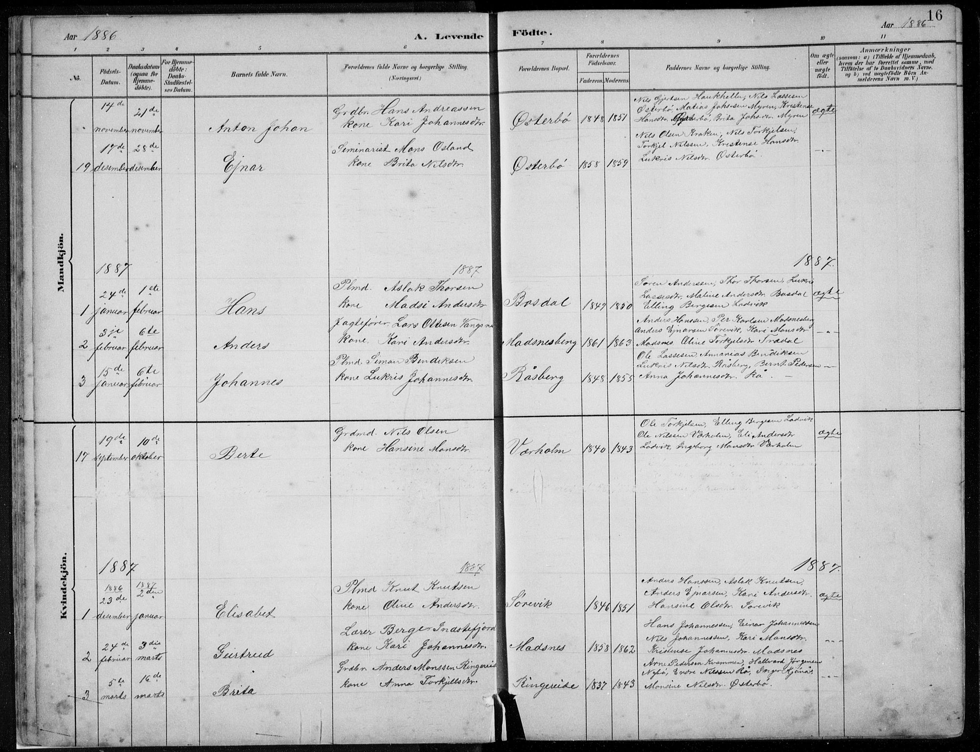 Lavik sokneprestembete, SAB/A-80901: Parish register (copy) no. A 2, 1882-1910, p. 16