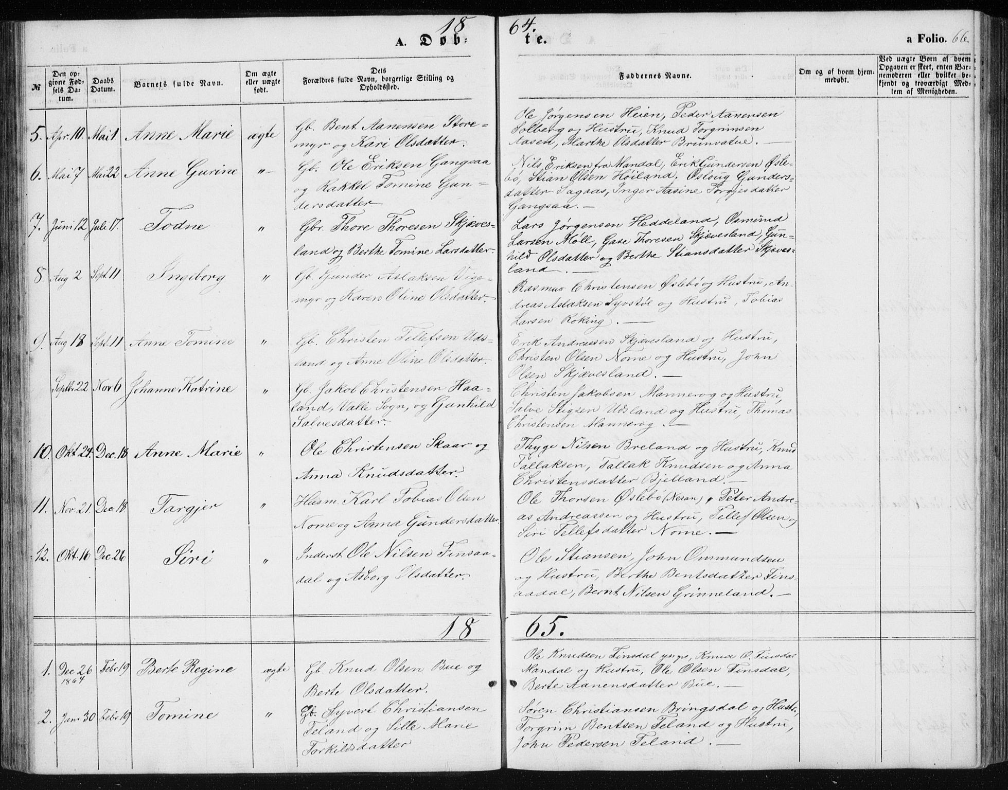 Holum sokneprestkontor, AV/SAK-1111-0022/F/Fb/Fbc/L0002: Parish register (copy) no. B 2, 1860-1882, p. 66