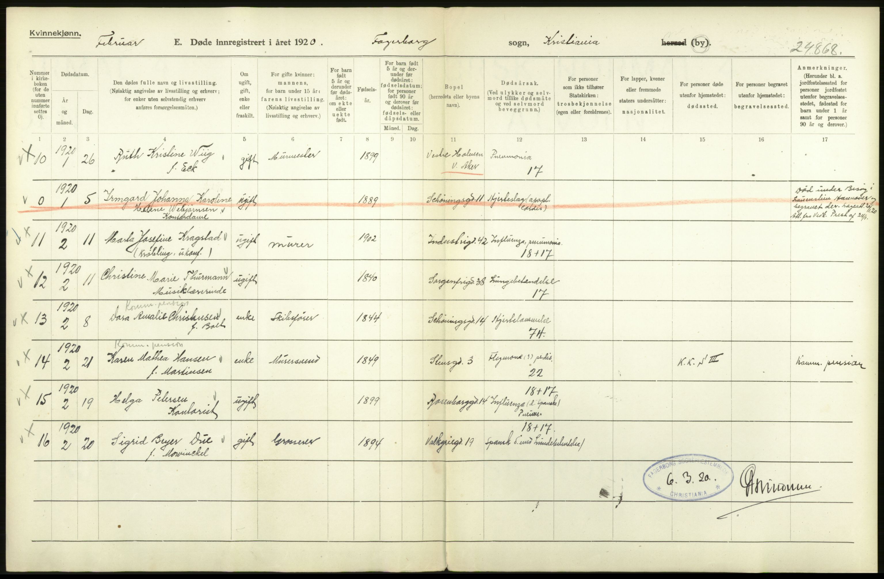 Statistisk sentralbyrå, Sosiodemografiske emner, Befolkning, AV/RA-S-2228/D/Df/Dfb/Dfbj/L0013: Kristiania: Døde, 1920