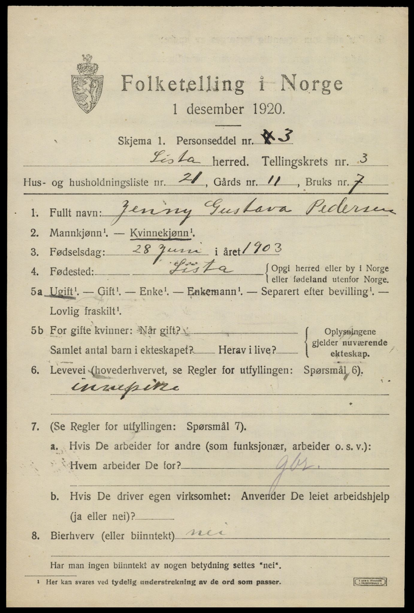 SAK, 1920 census for Lista, 1920, p. 4627