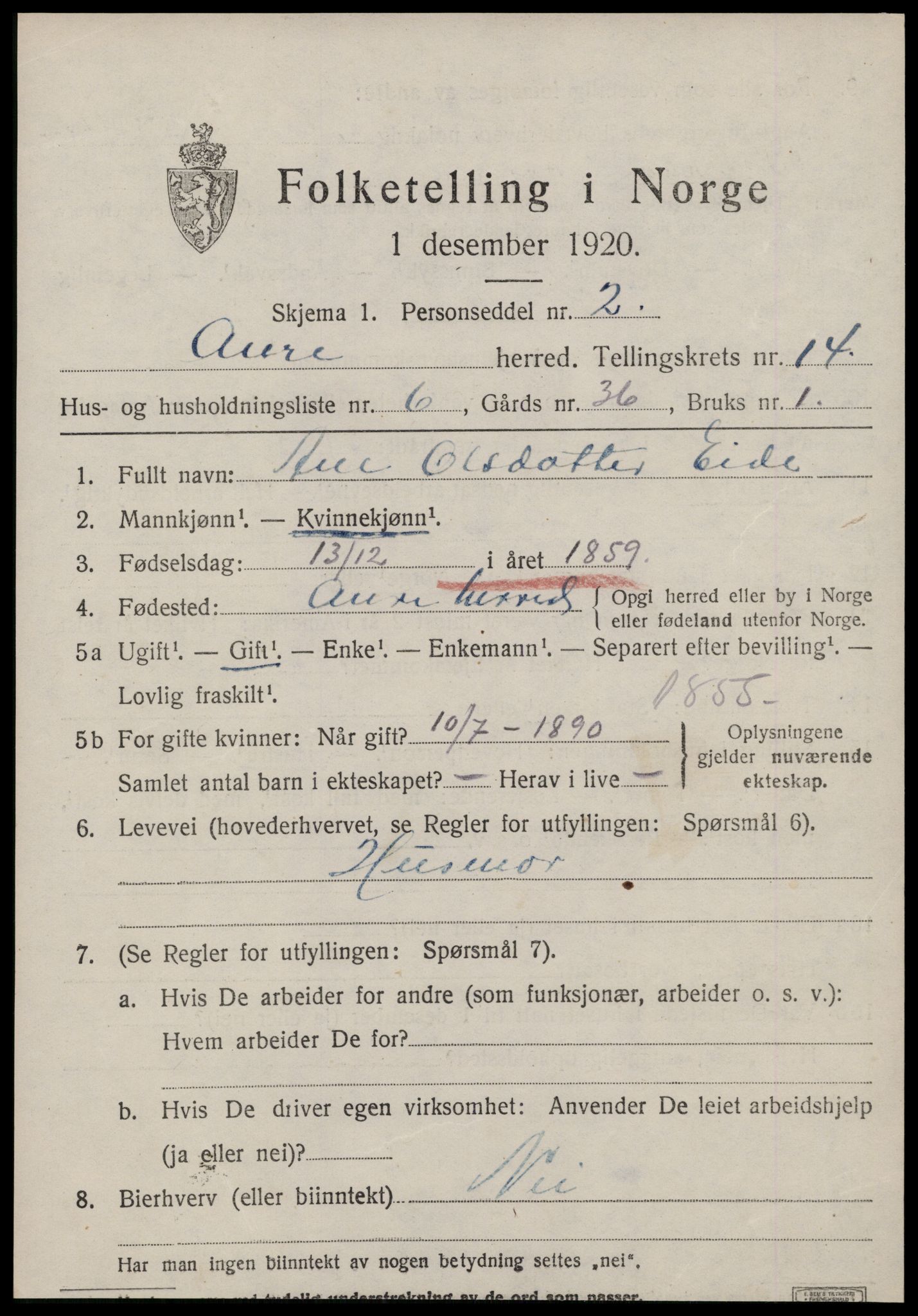 SAT, 1920 census for Aure, 1920, p. 5416