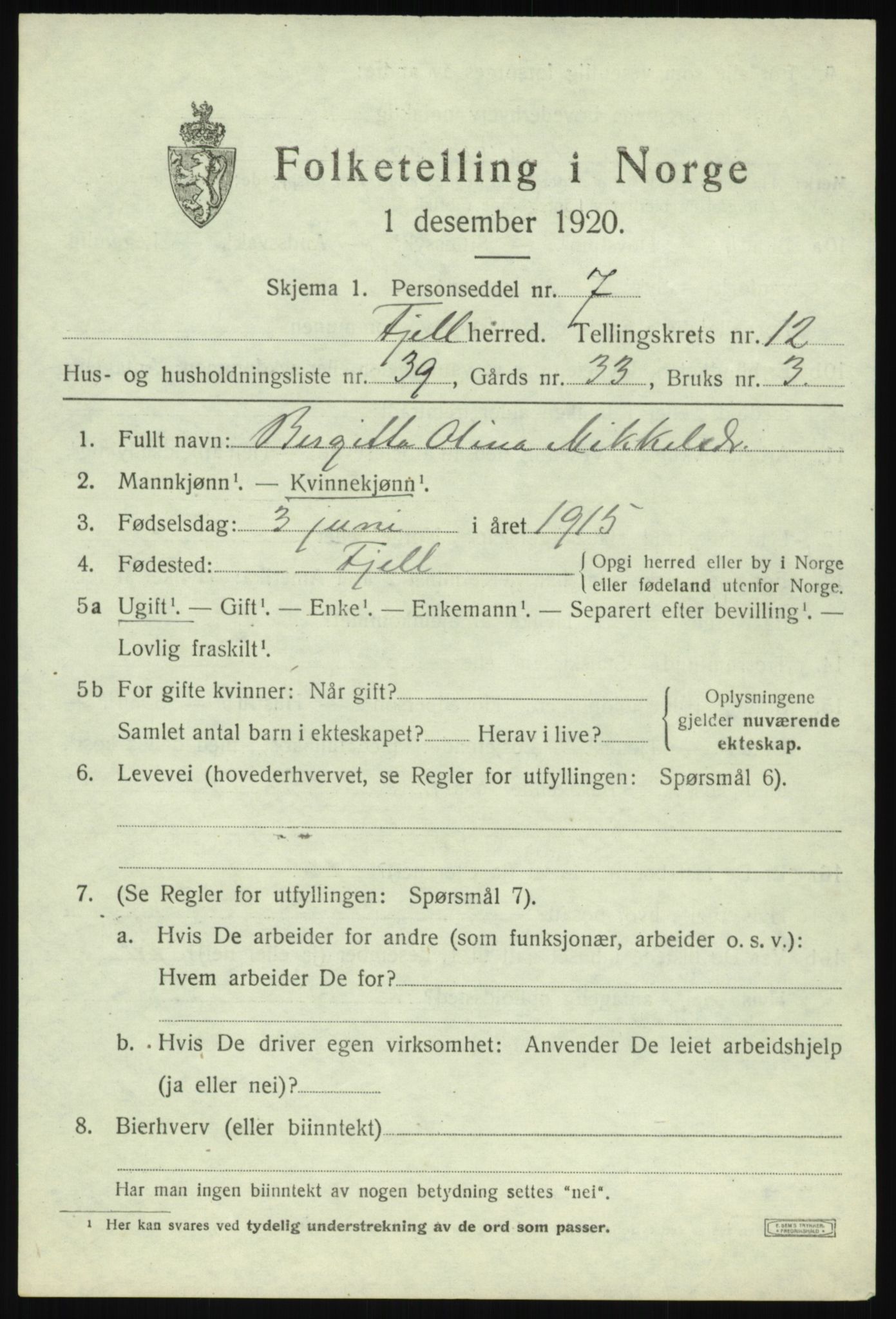 SAB, 1920 census for Fjell, 1920, p. 11210