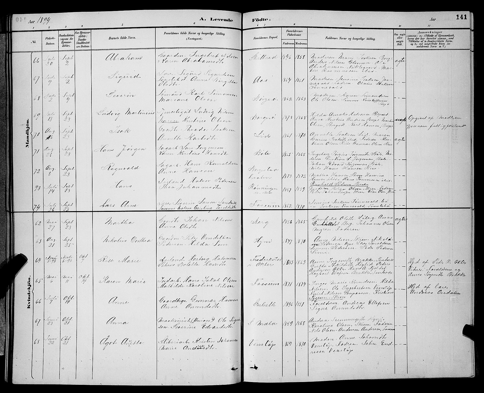 Gjerpen kirkebøker, SAKO/A-265/G/Ga/L0002: Parish register (copy) no. I 2, 1883-1900, p. 141