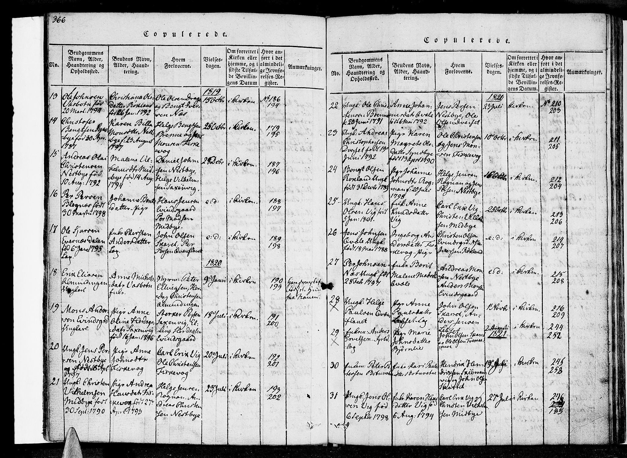 Ministerialprotokoller, klokkerbøker og fødselsregistre - Nordland, AV/SAT-A-1459/847/L0665: Parish register (official) no. 847A05, 1818-1841, p. 366