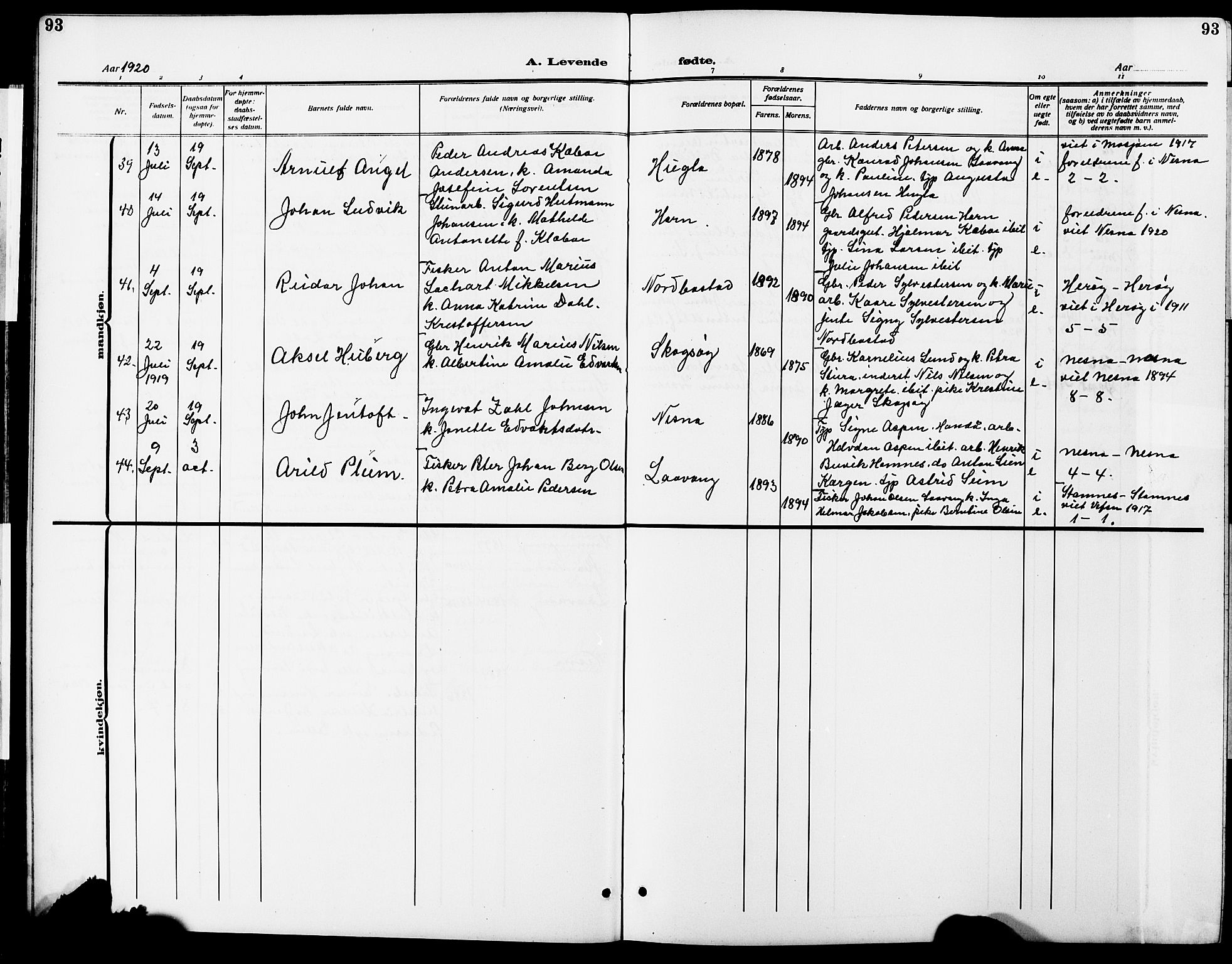 Ministerialprotokoller, klokkerbøker og fødselsregistre - Nordland, AV/SAT-A-1459/838/L0560: Parish register (copy) no. 838C07, 1910-1928, p. 93