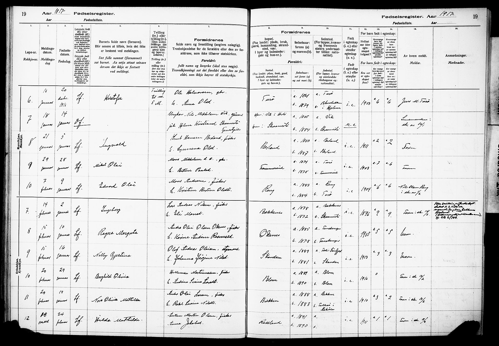 Herdla Sokneprestembete, AV/SAB-A-75701/I/Id/L00A1: Birth register no. A 1, 1916-1929, p. 19