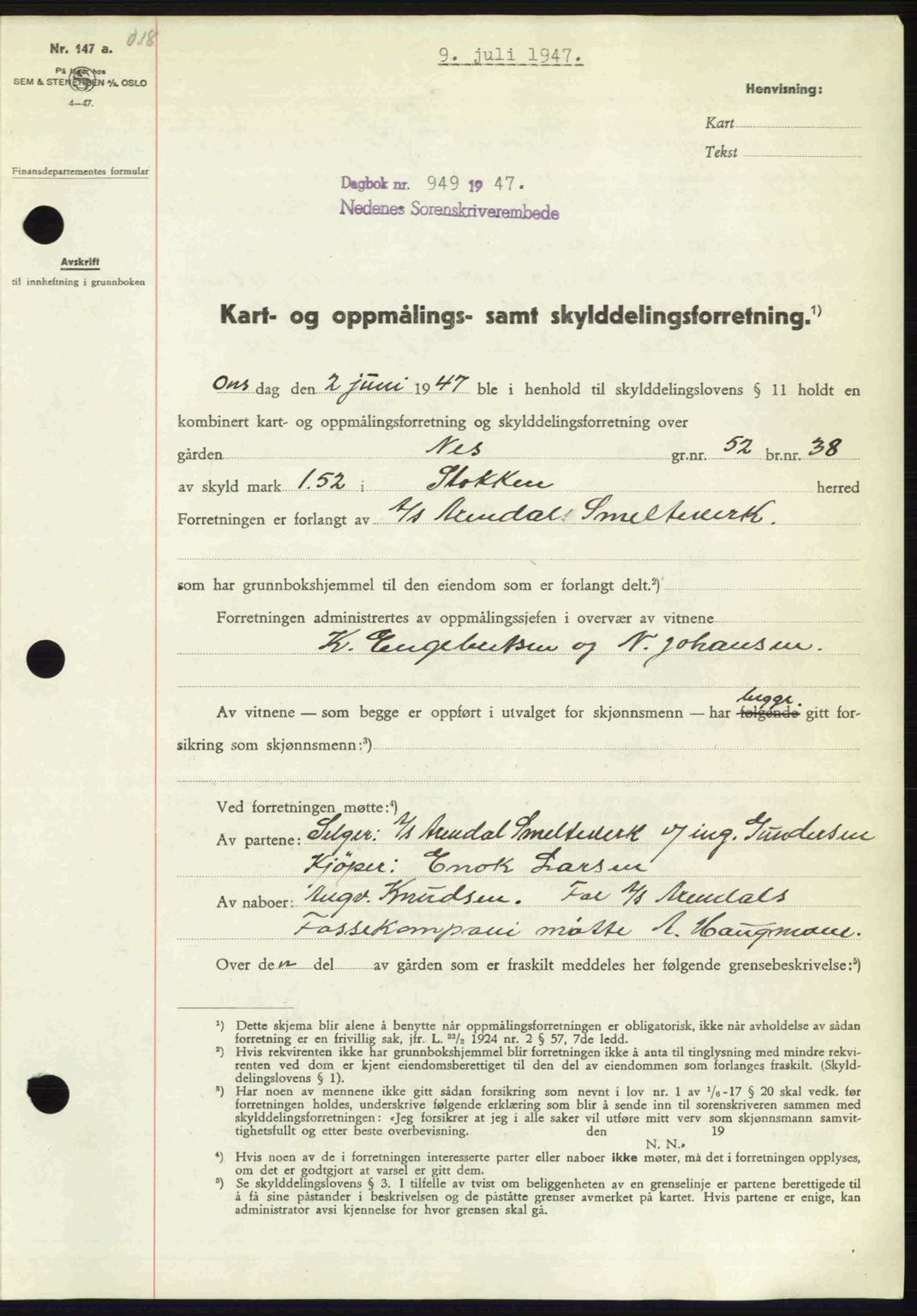 Nedenes sorenskriveri, AV/SAK-1221-0006/G/Gb/Gba/L0057: Mortgage book no. A9, 1947-1947, Diary no: : 949/1947