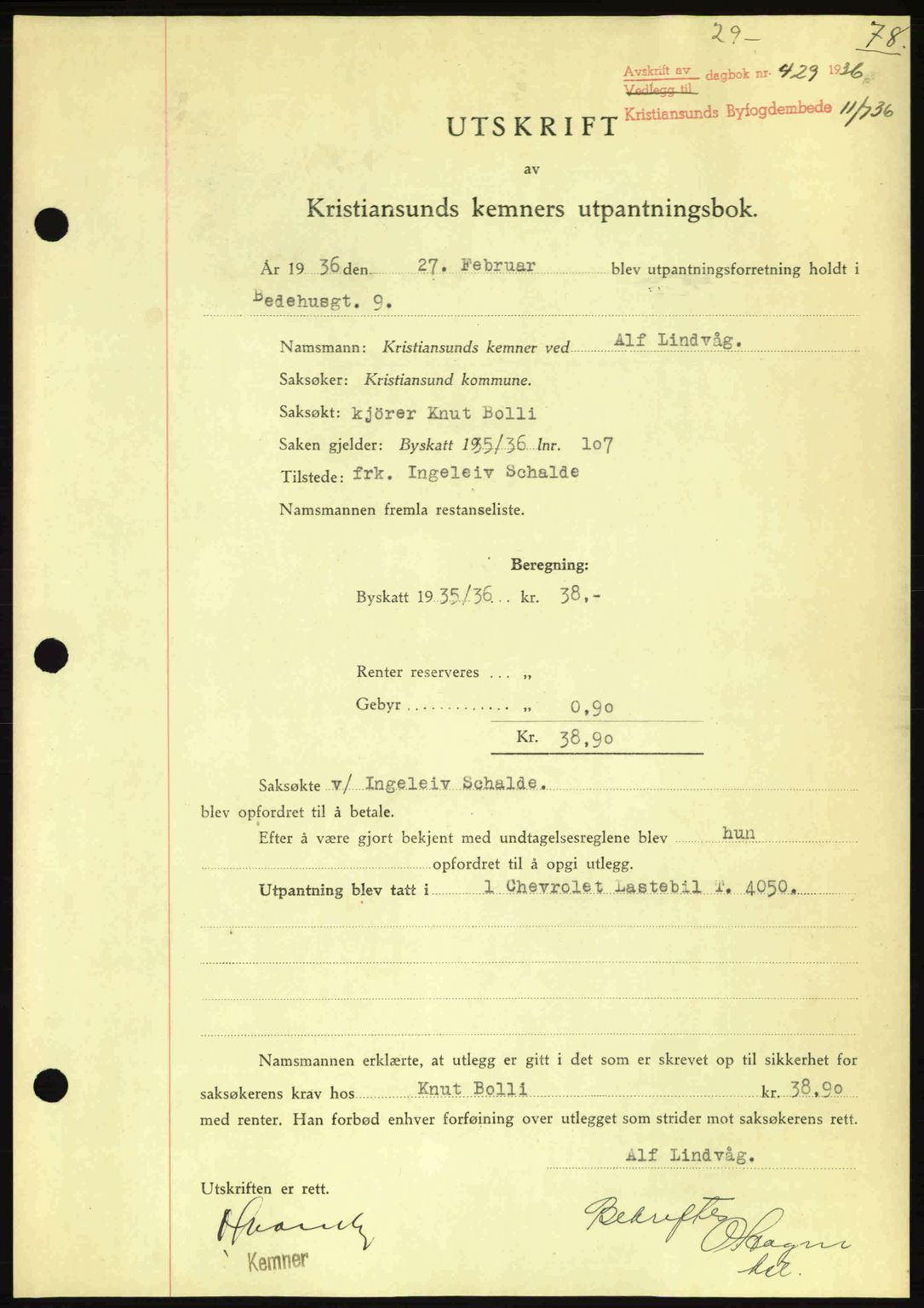 Kristiansund byfogd, AV/SAT-A-4587/A/27: Mortgage book no. 29, 1936-1937, Diary no: : 429/1936
