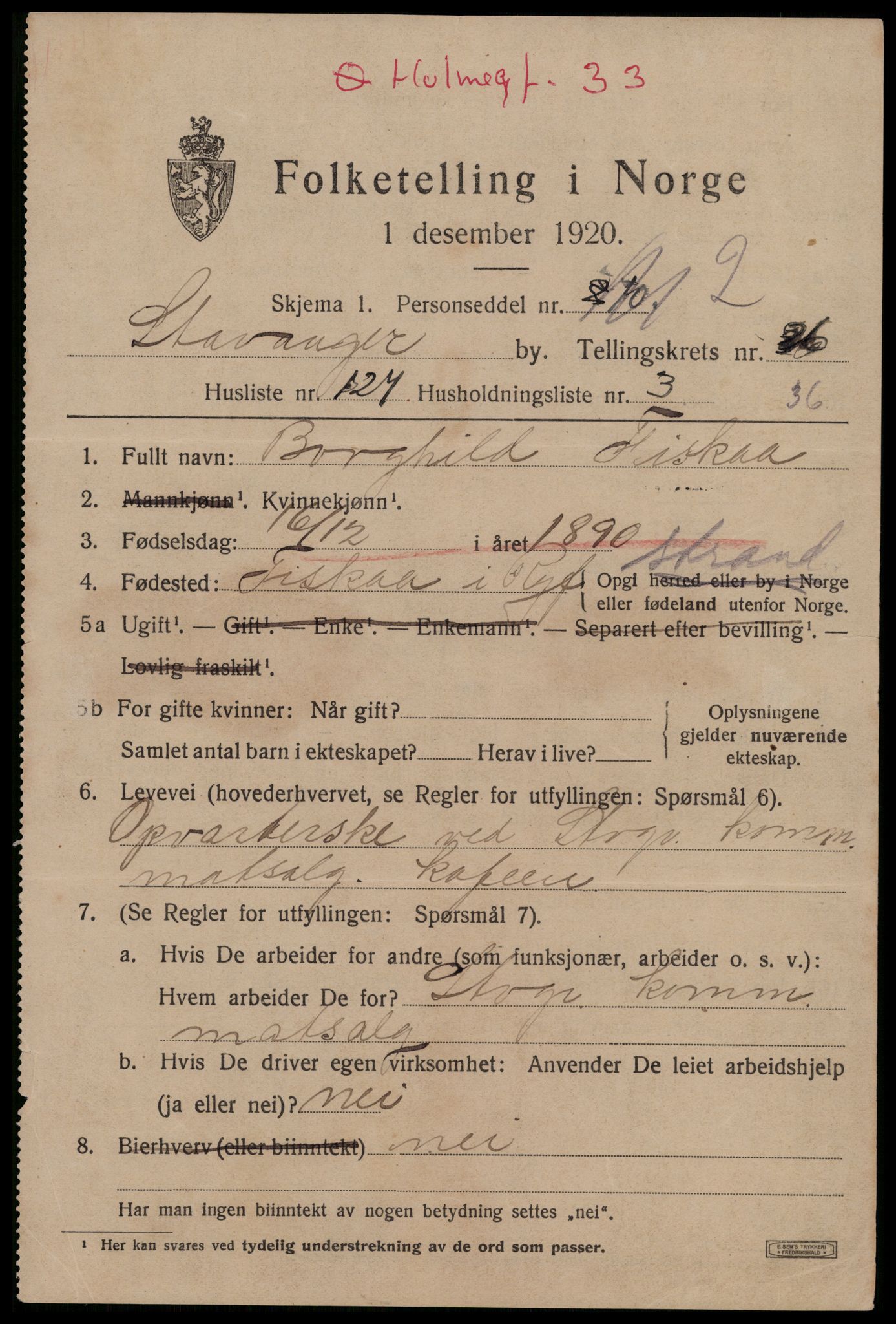 SAST, 1920 census for Stavanger, 1920, p. 79046