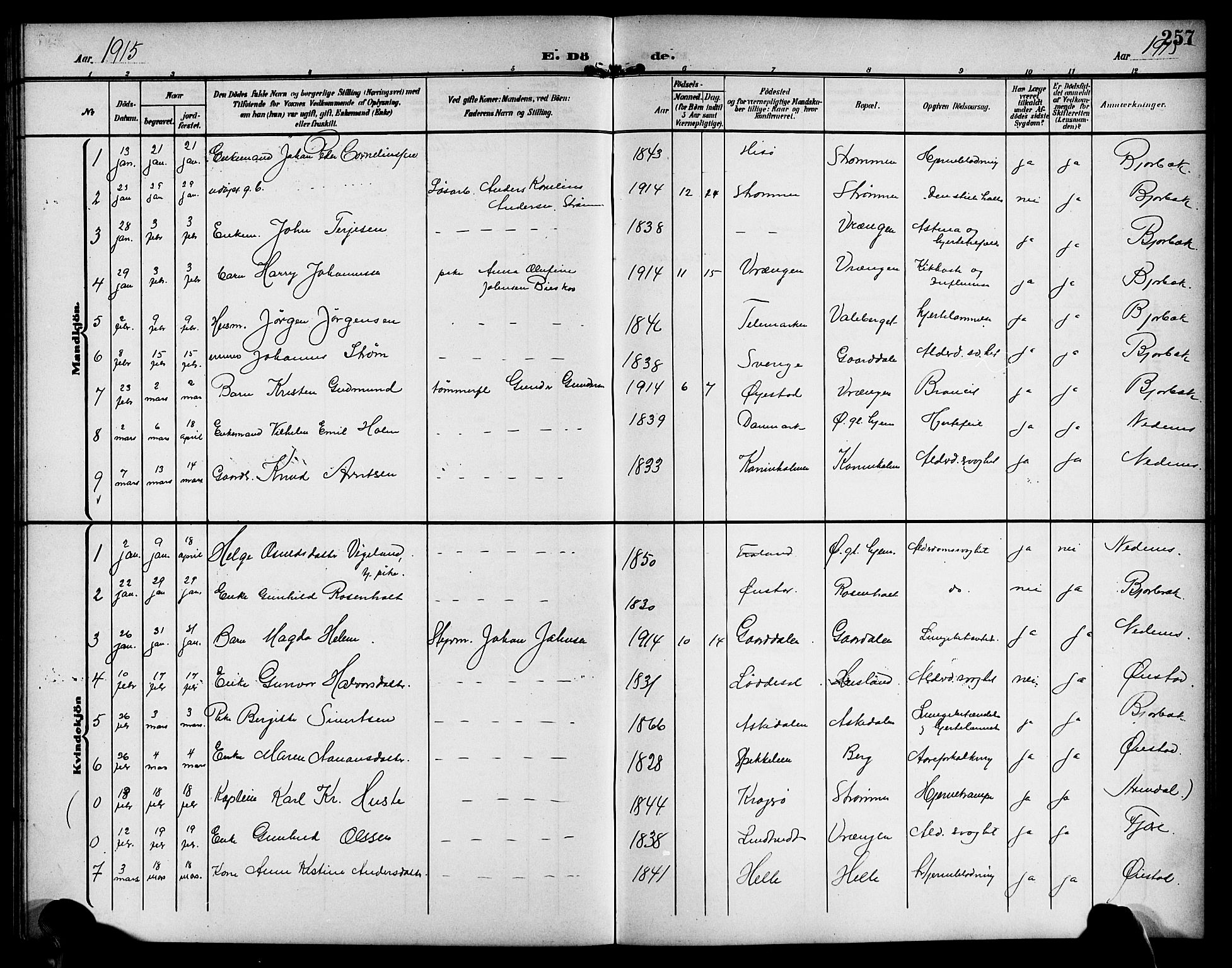 Øyestad sokneprestkontor, AV/SAK-1111-0049/F/Fb/L0011: Parish register (copy) no. B 11, 1906-1918, p. 257