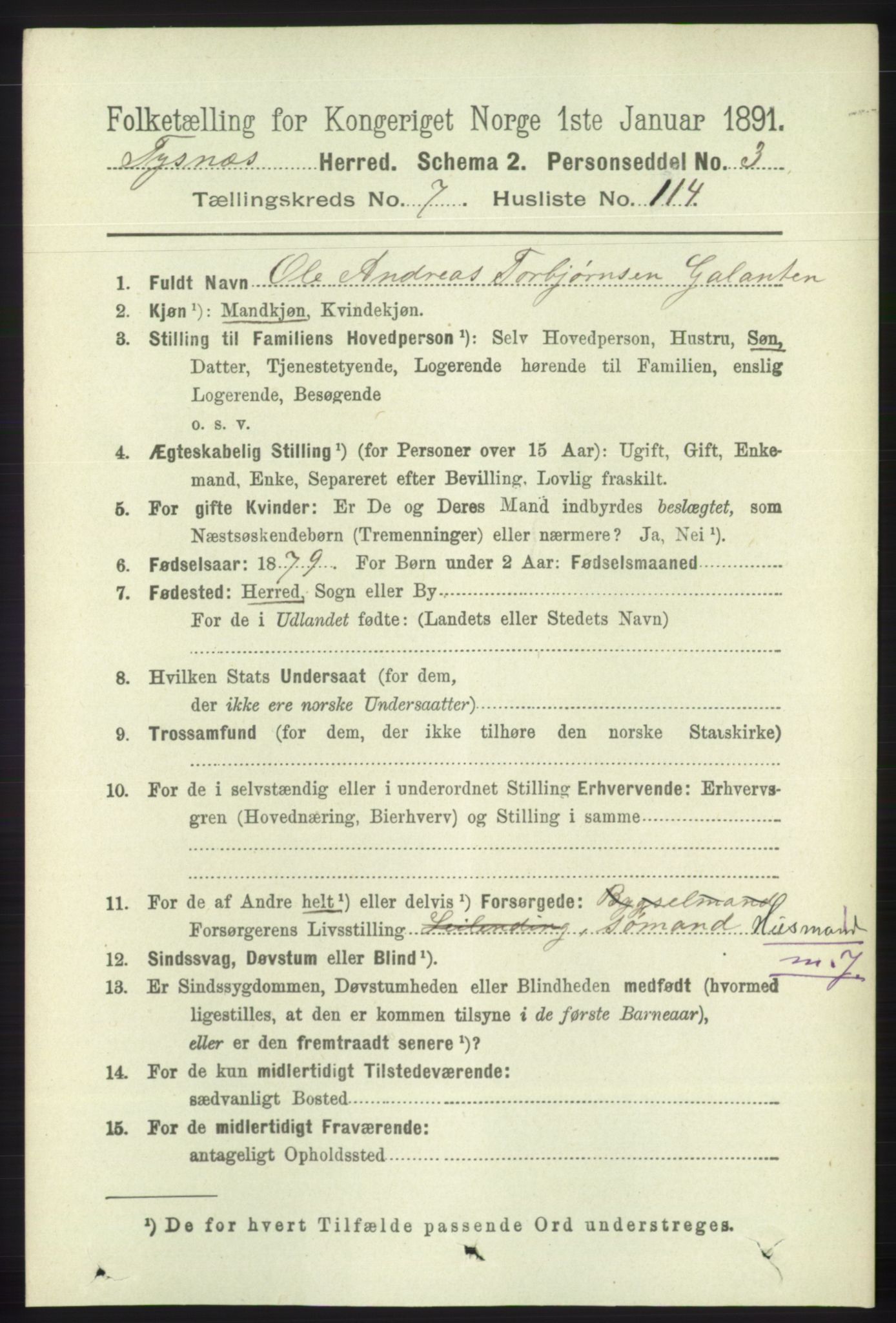 RA, 1891 census for 1223 Tysnes, 1891, p. 3572