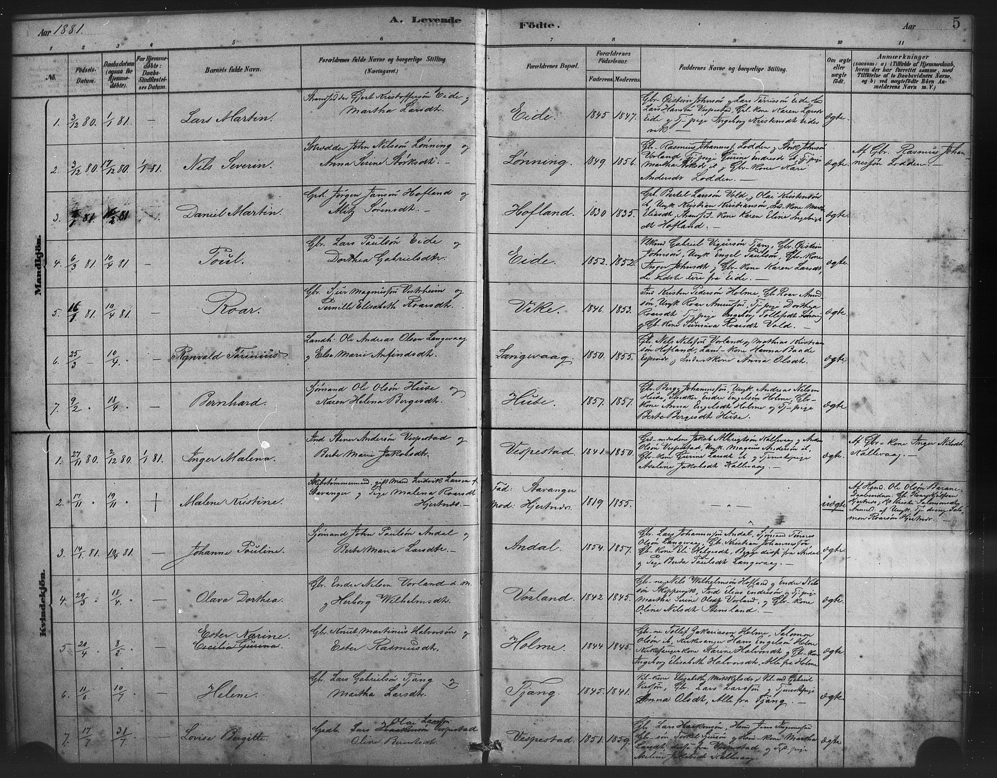 Finnås sokneprestembete, SAB/A-99925/H/Ha/Haa/Haad/L0001: Parish register (official) no. D 1, 1880-1894, p. 5